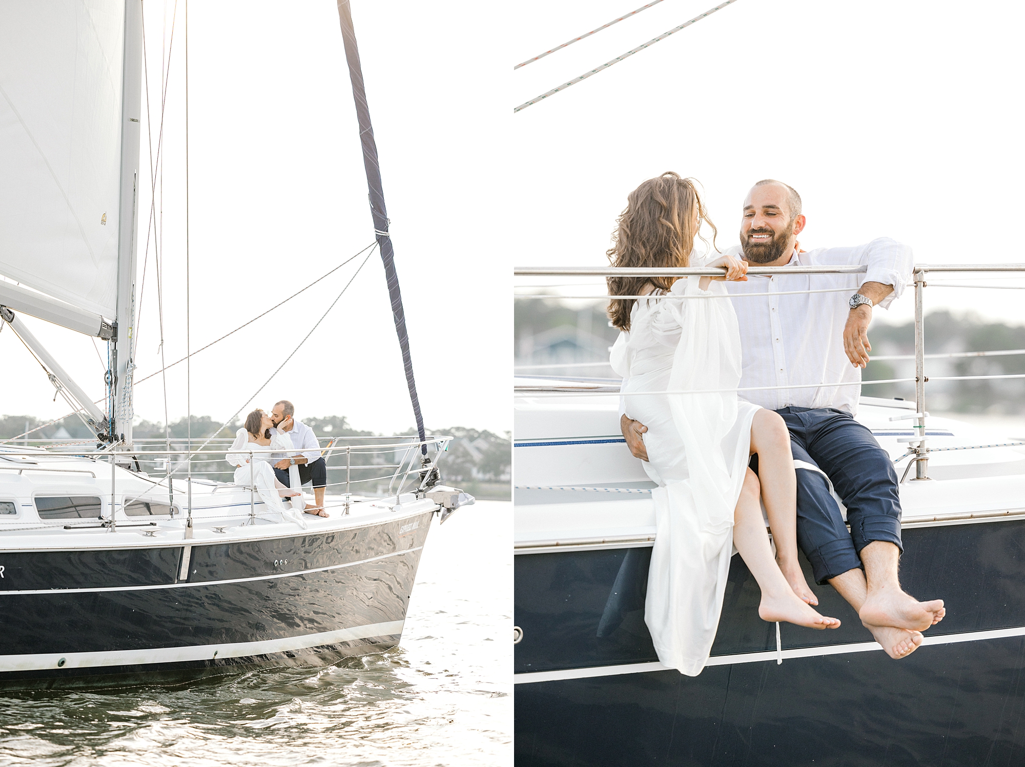 man and woman sit on front of sailboat during Toms River engagement session