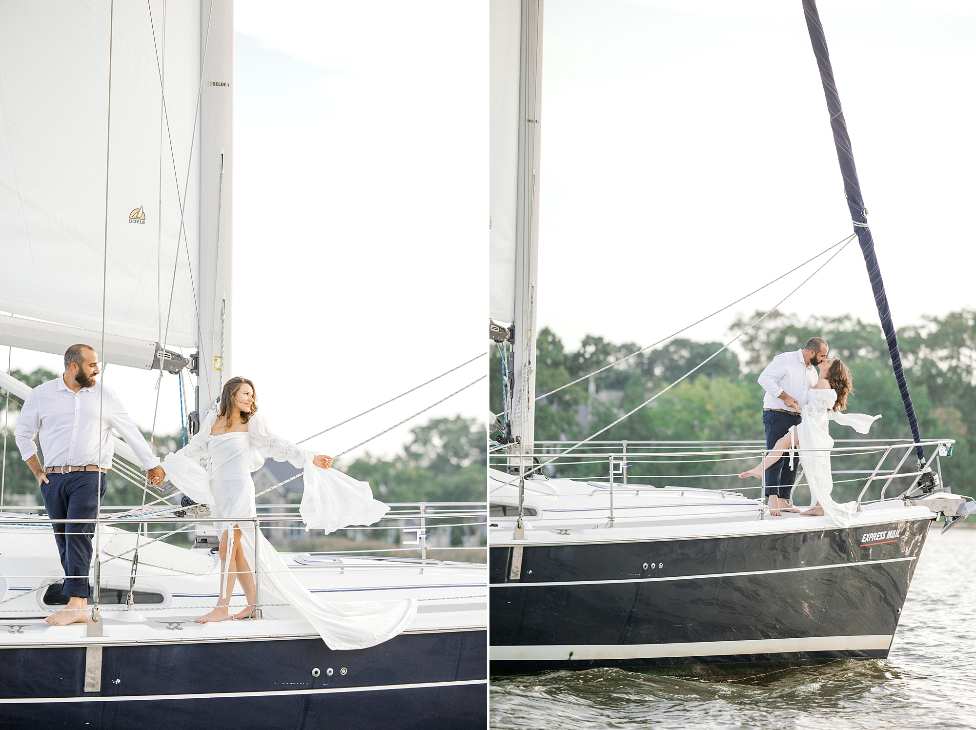 couple stands near front of sailboat during Toms River engagement session