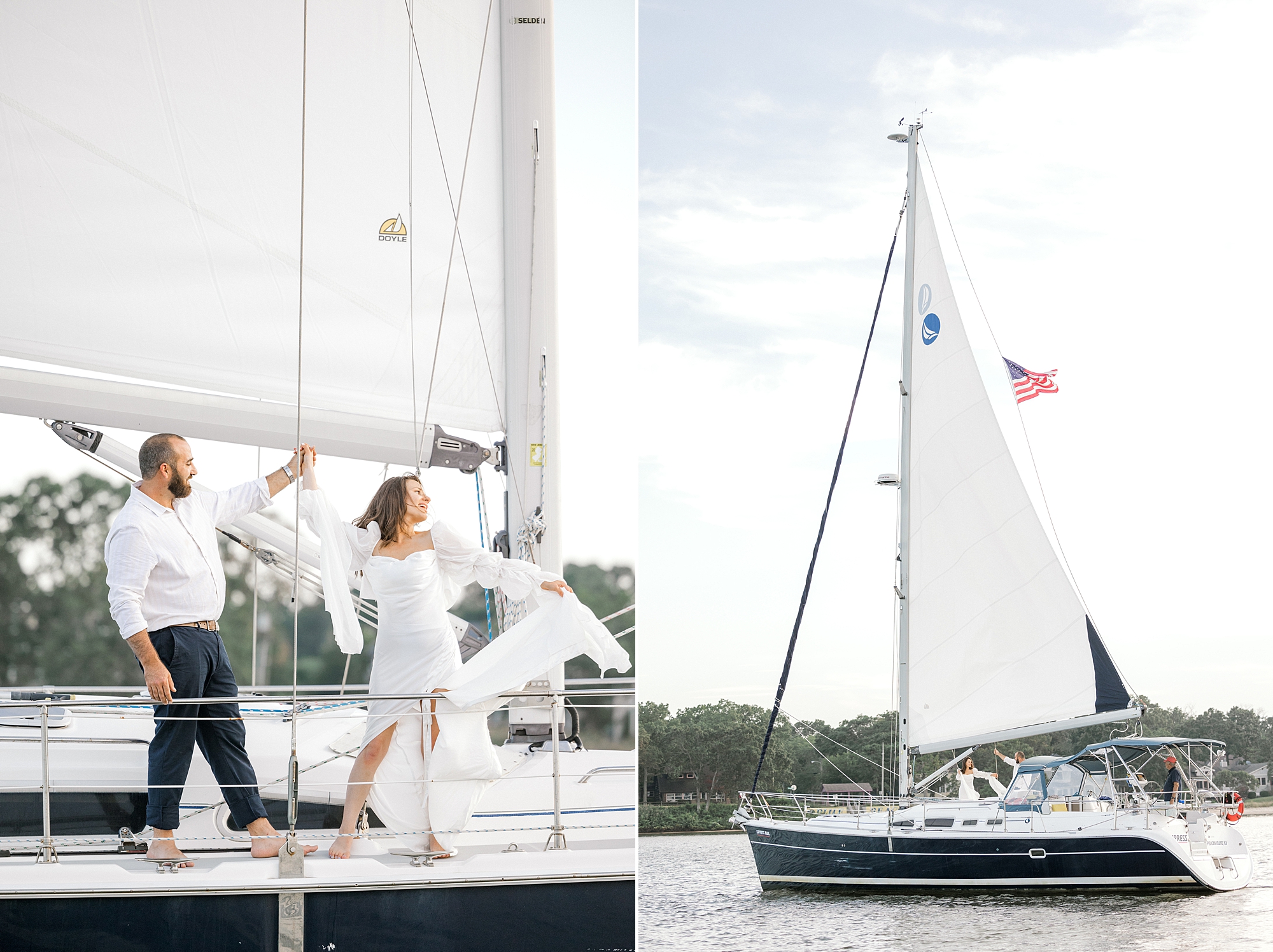 couple walks alongside front of sailboat during Toms River engagement session