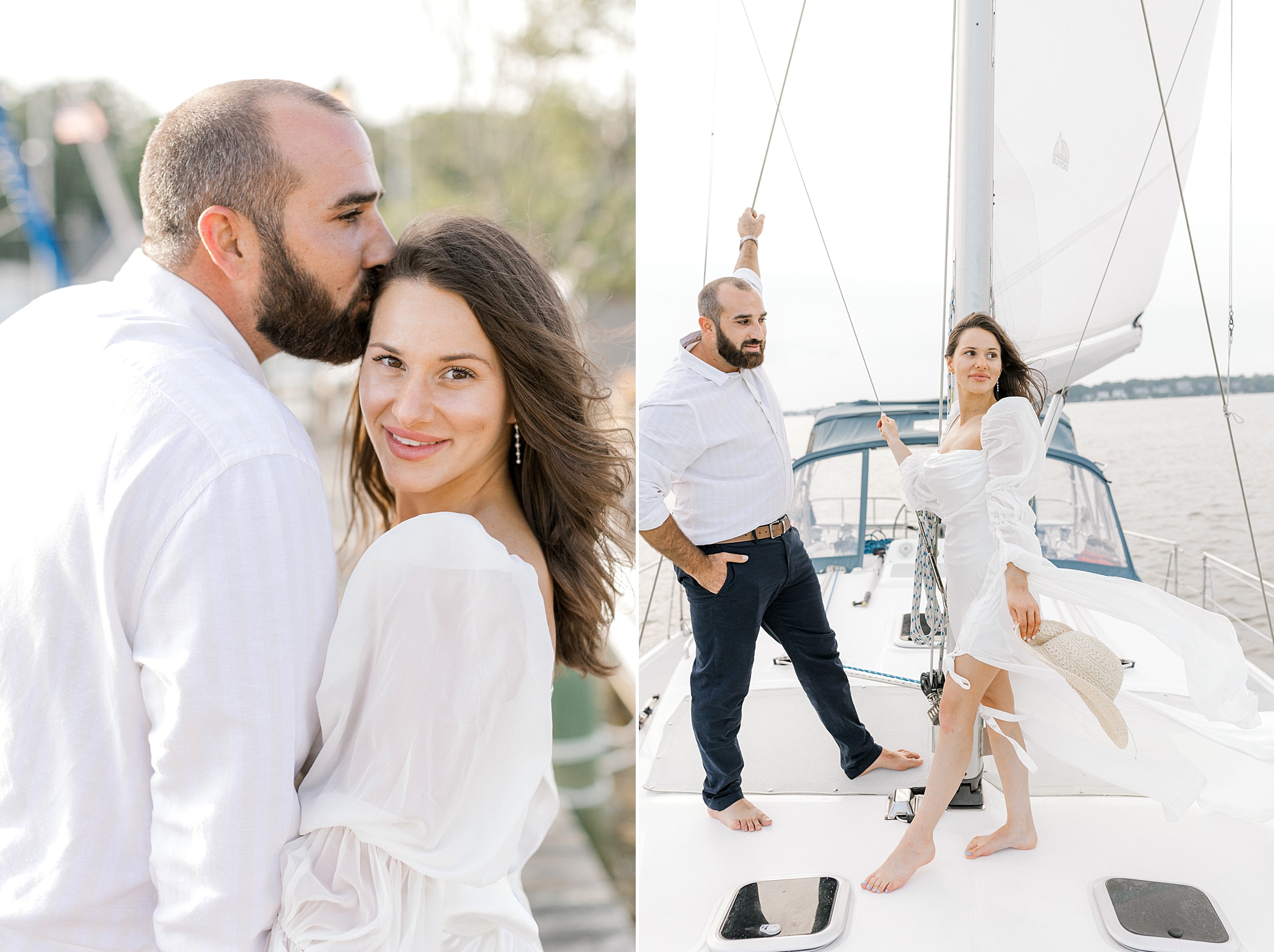 man kisses woman's forehead while they stand on front of boat