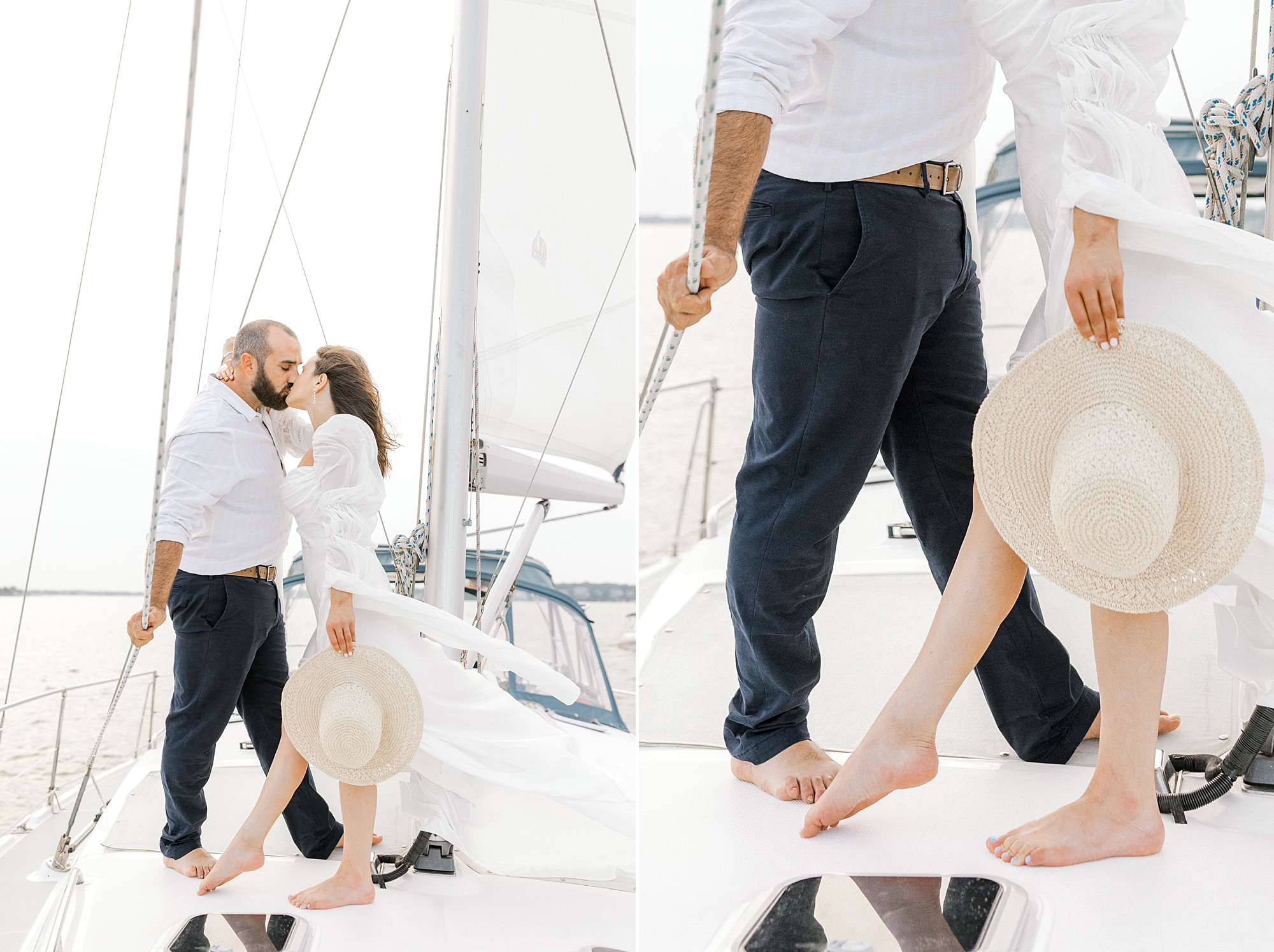 man holds rope on sailboat while hugging woman holding sunhat during Toms River engagement session