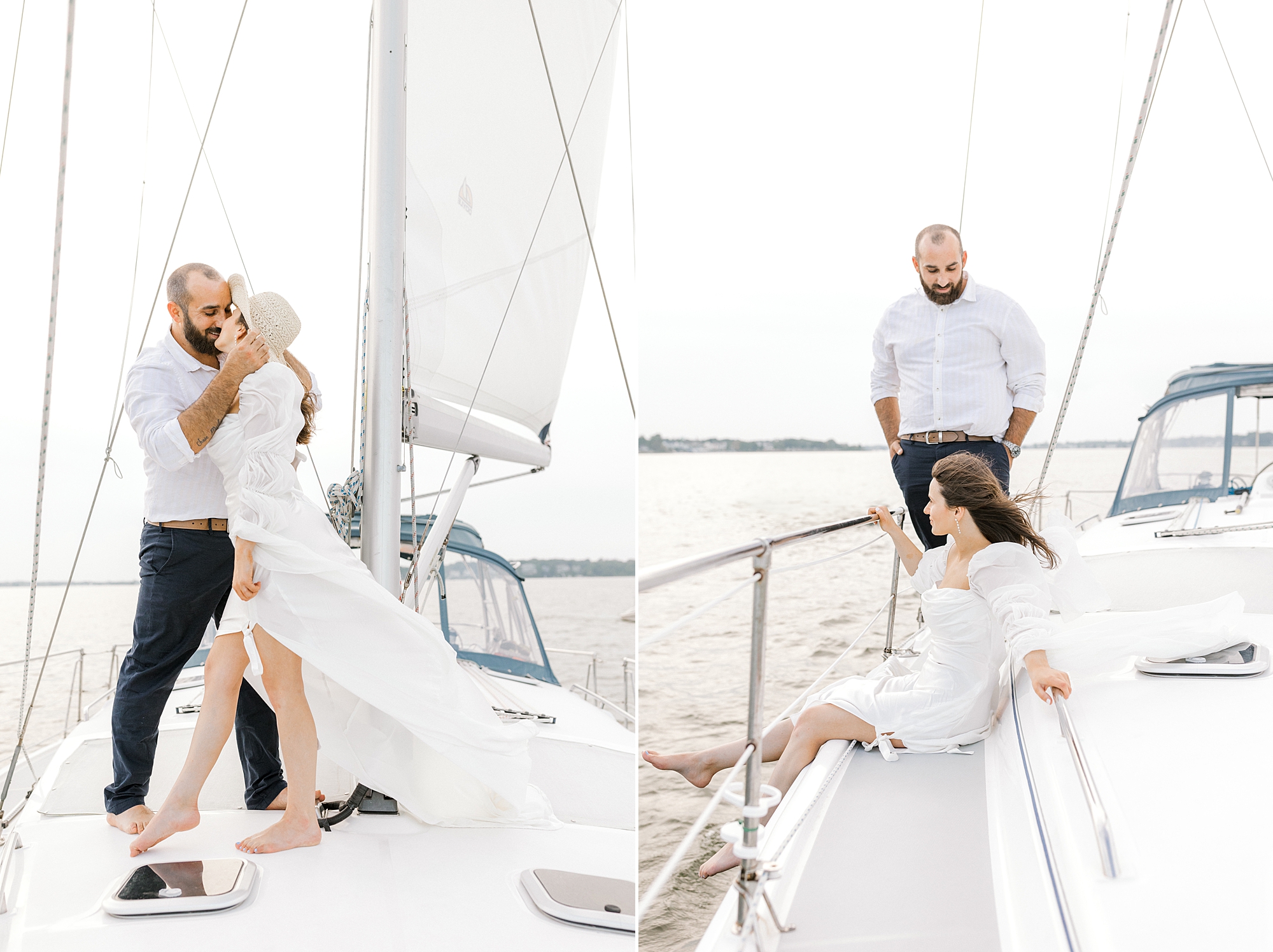 engaged couple poses on sailboat during Toms River engagement session