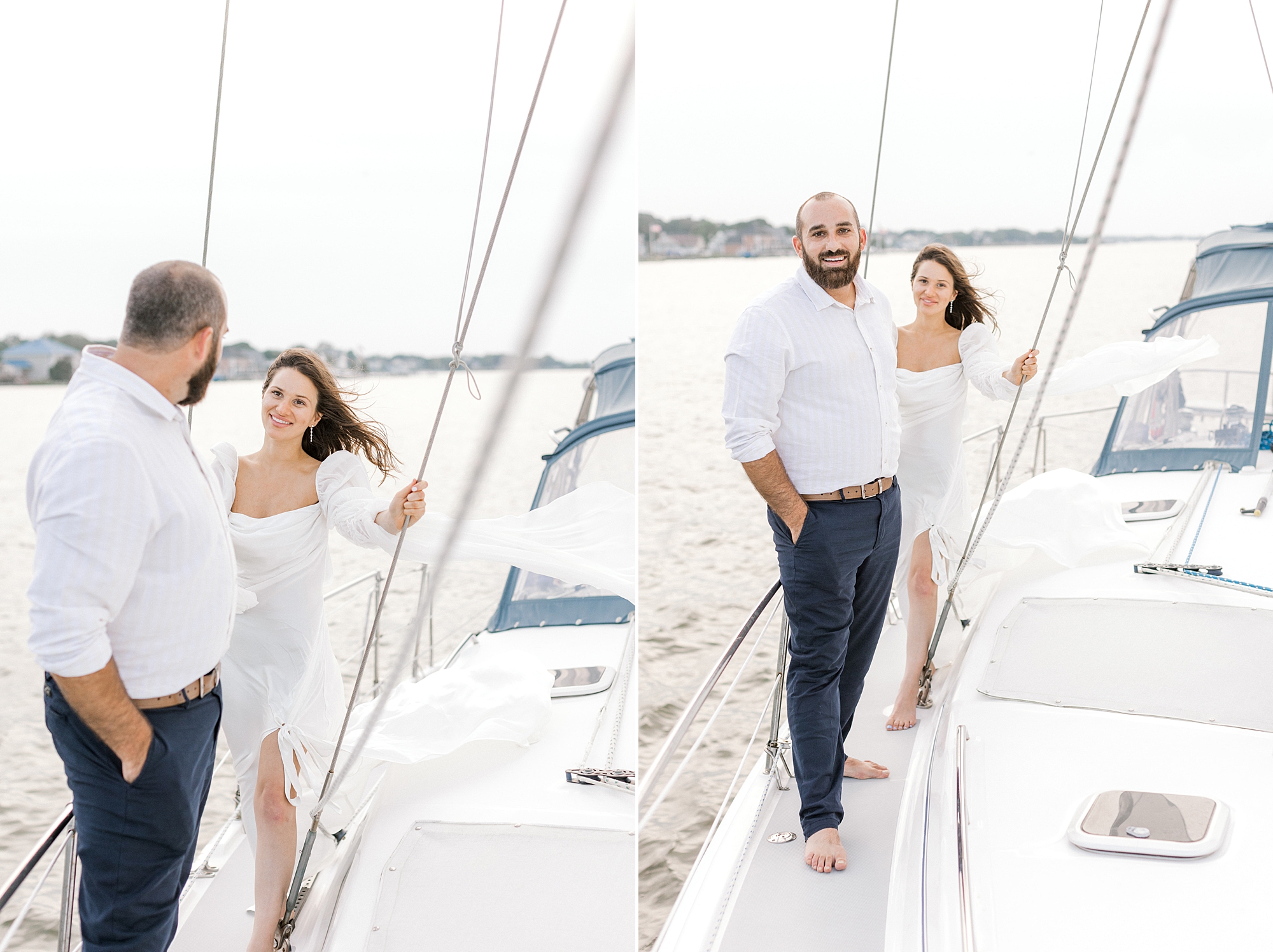 man leads fiancee along boat during engagement photos on water