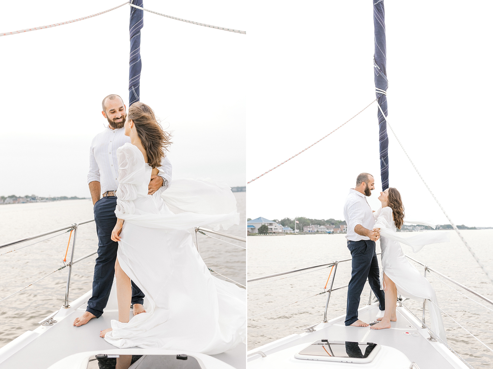 engaged couple stands near front of sailboat during Toms River engagement session