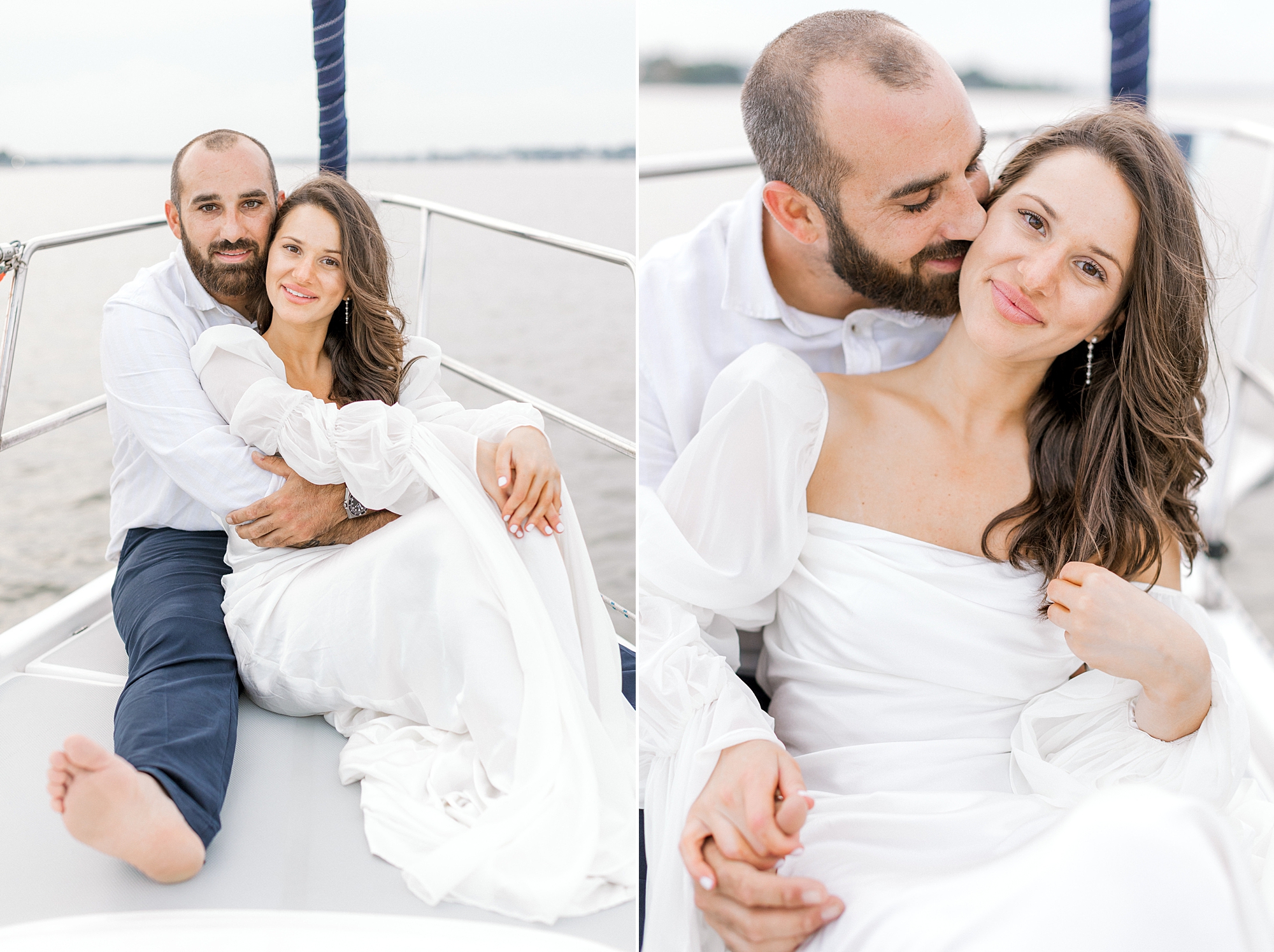 bride and groom snuggle on top of sailboat in Toms River