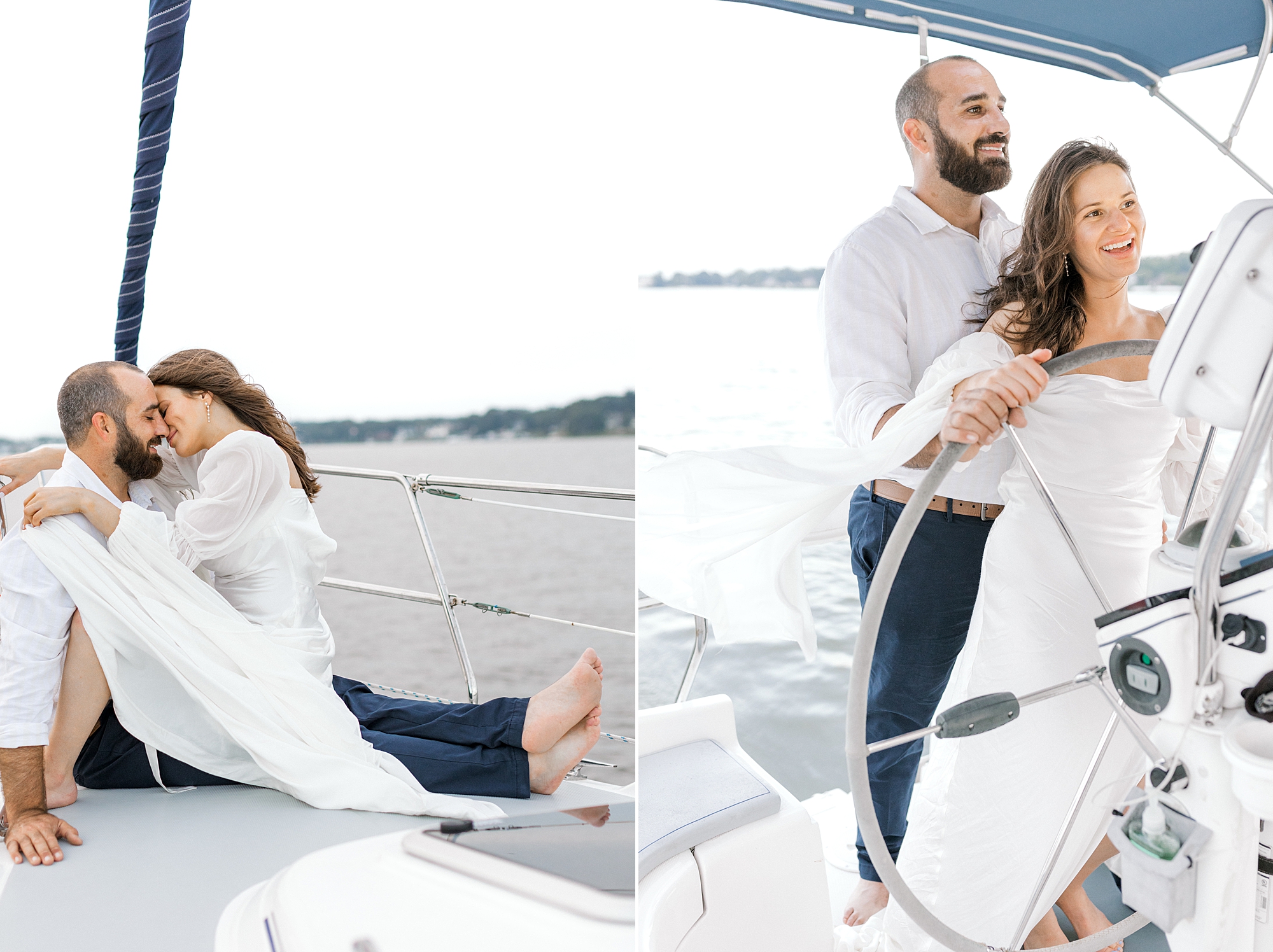 woman sits on man's lap during Toms River engagement session on sailboat