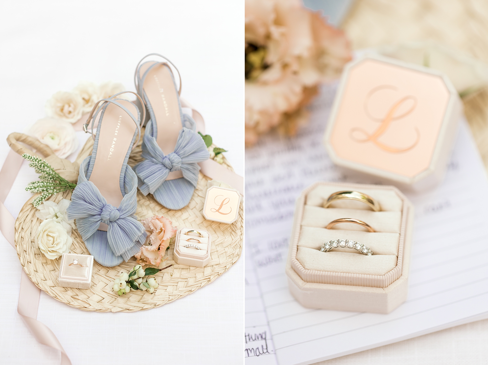 bride's blue shoes and jewelry in peach box for NJ wedding