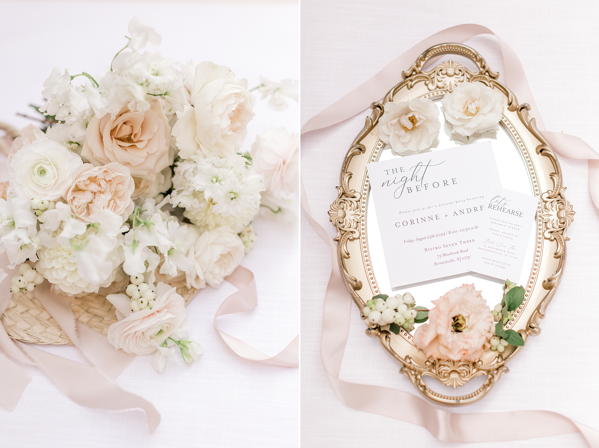 bouquet of ivory and pink flowers next to gold mirror with stationery for luxurious summer Ryland Inn wedding