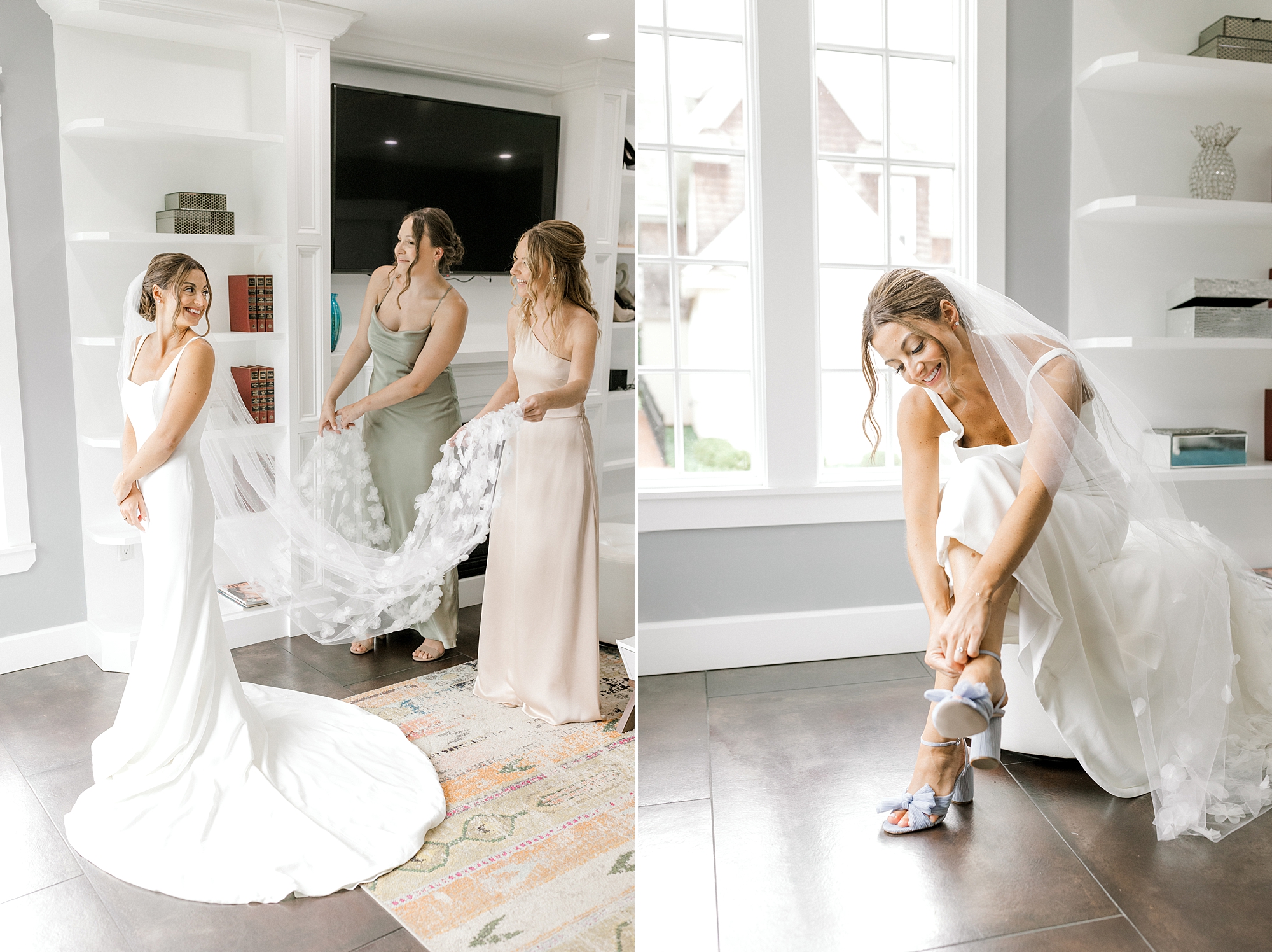 bride puts on shoes and bridesmaids help with veil in suite at Ryland Inn