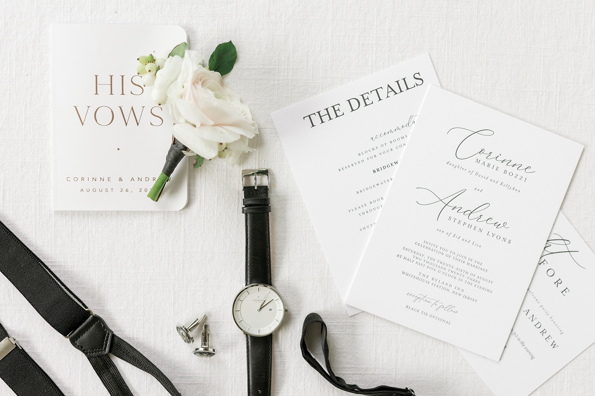groom's watch, vow booklet and invitation suite for wedding at Ryland Inn