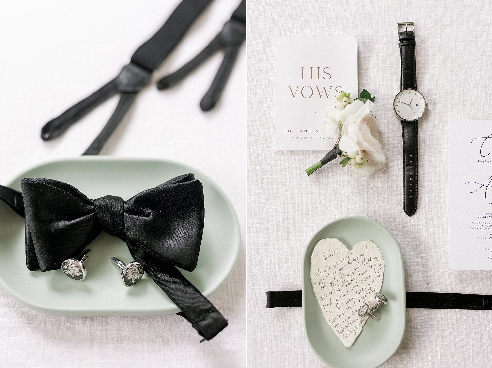 groom's black tie and vow booklet lay with ivory flower boutonnière