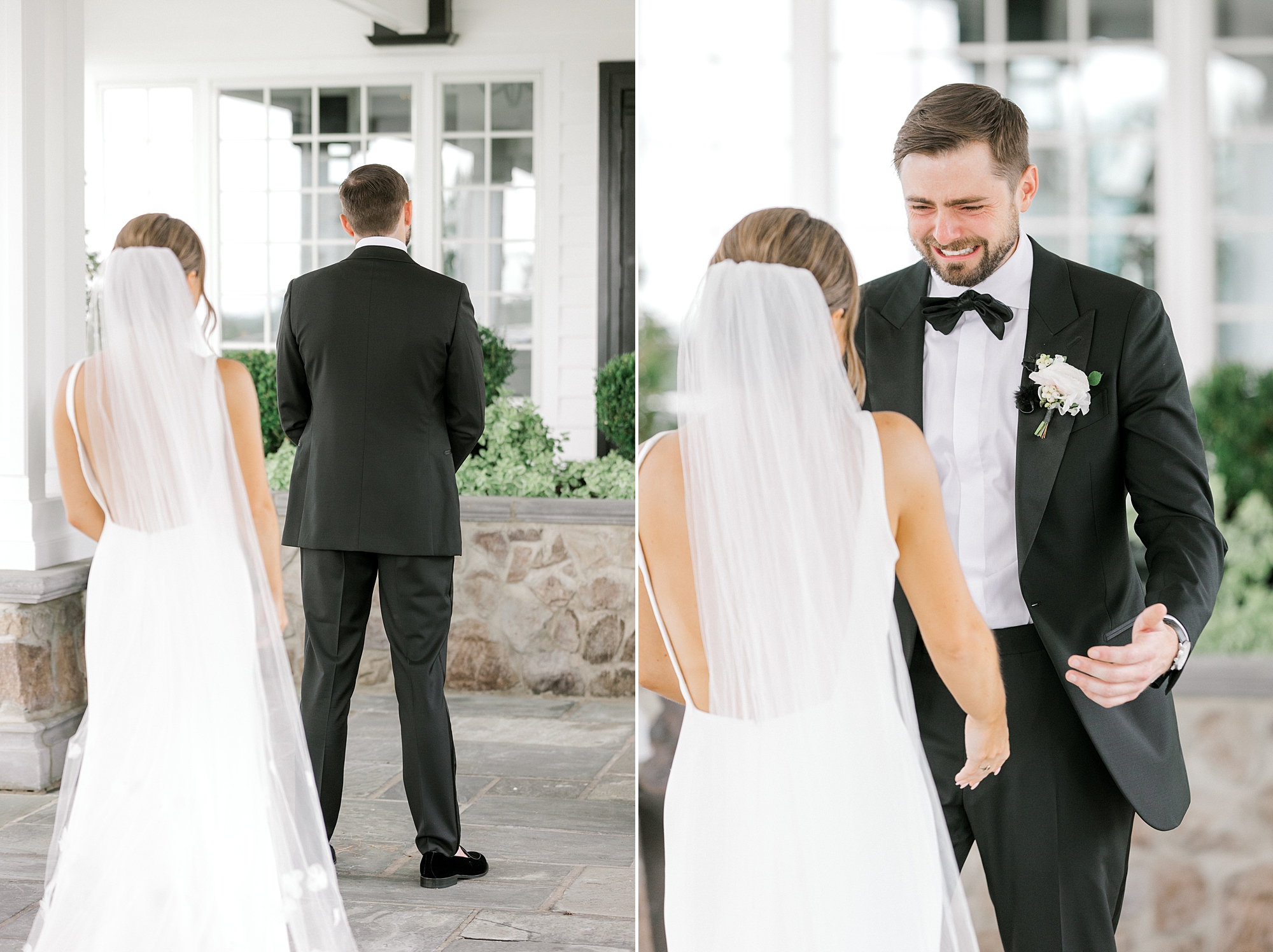 groom turns and cries during first look with bride in the summer