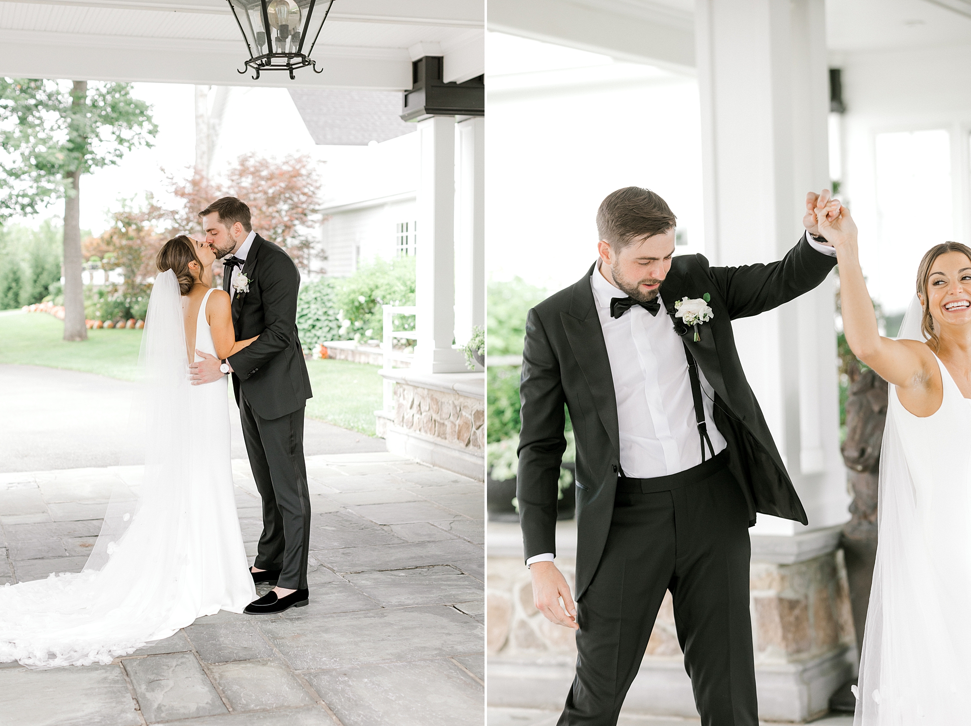 groom twirls bride under his arms photos in front of Ryland Inn