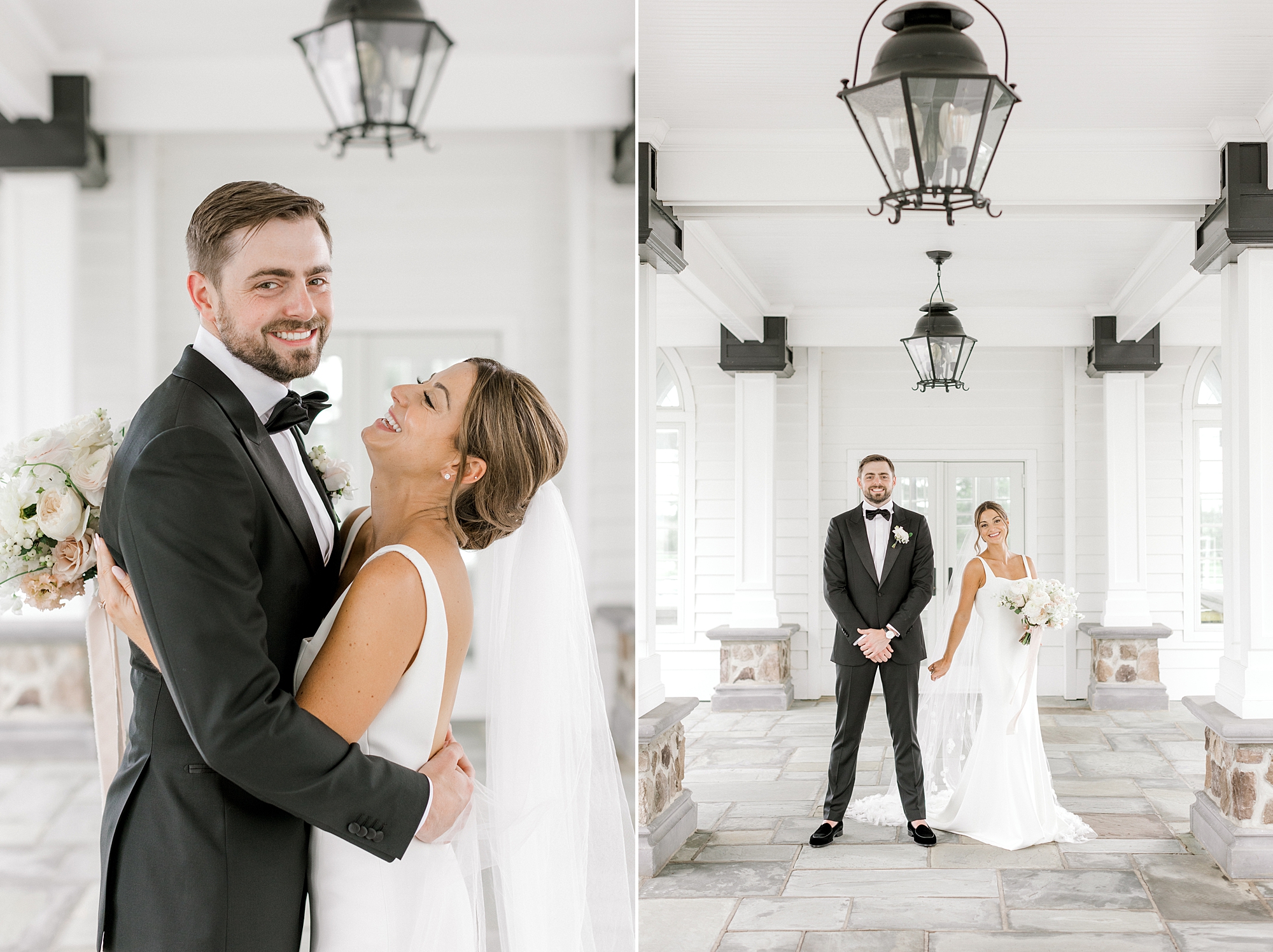 bride laughs up looking at groom during photos in front of Ryland Inn