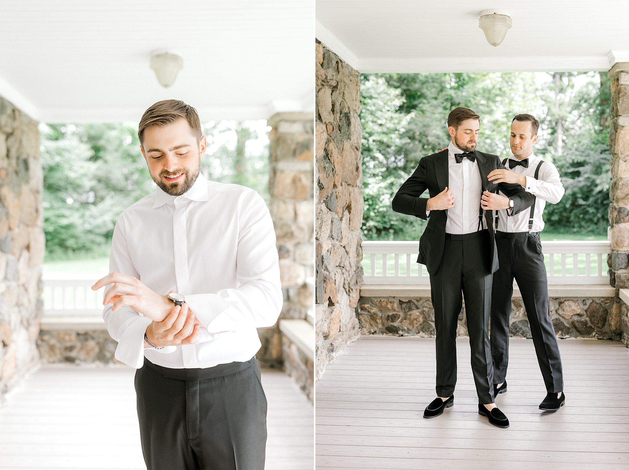 groom adjusts cufflinks while groomsman helps him into jacket before NJ wedding