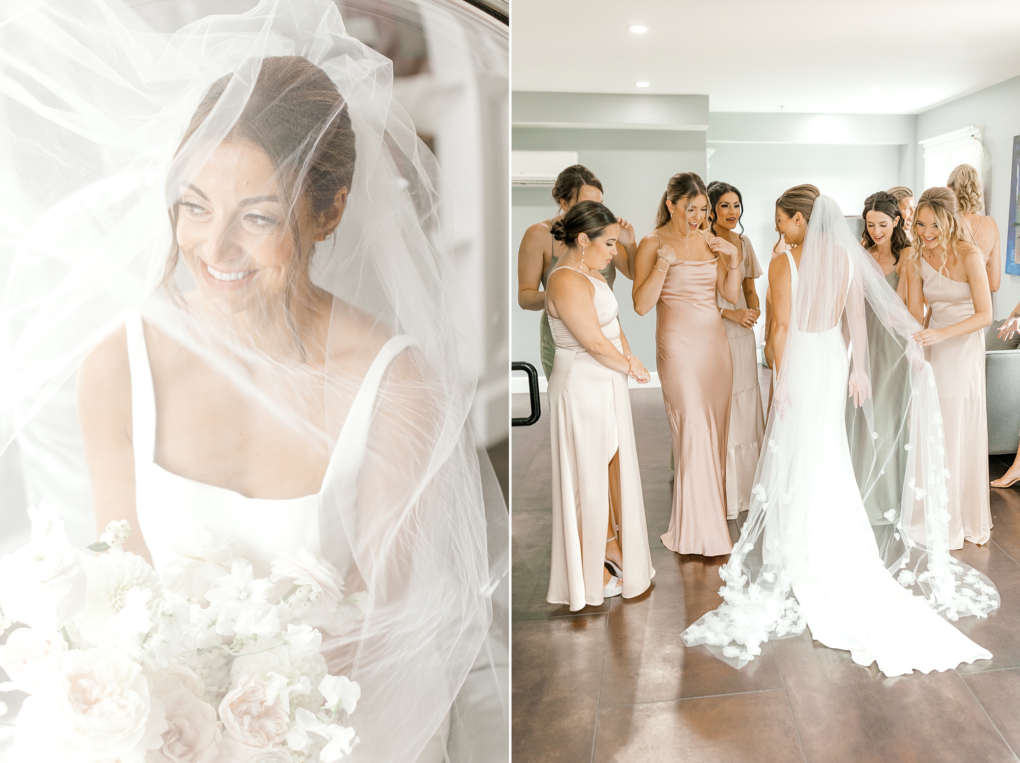 bride has first look with 12 bridesmaids and poses under veil holding bouquet
