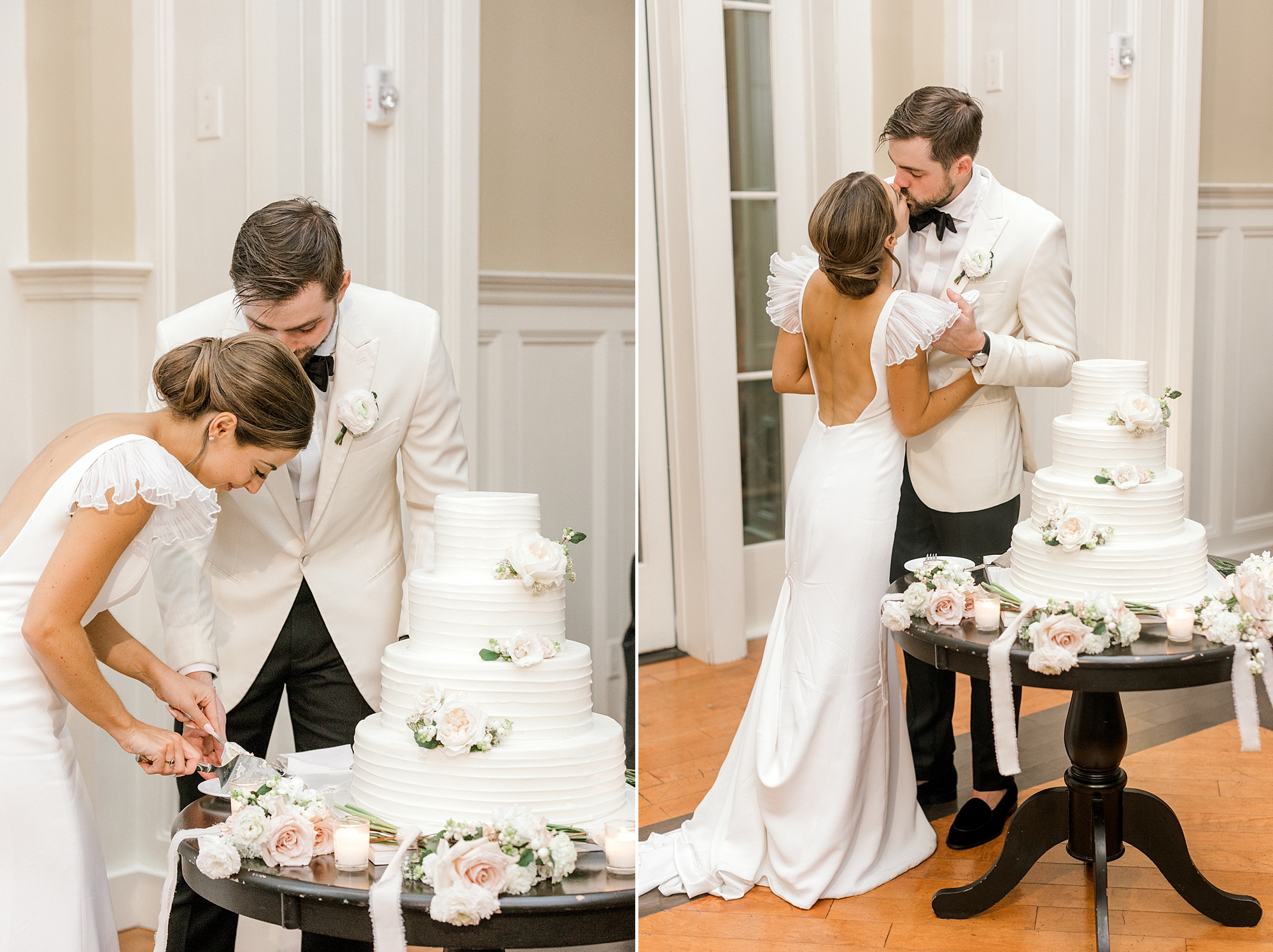 bride and groom cut wedding cake together during NJ wedding reception