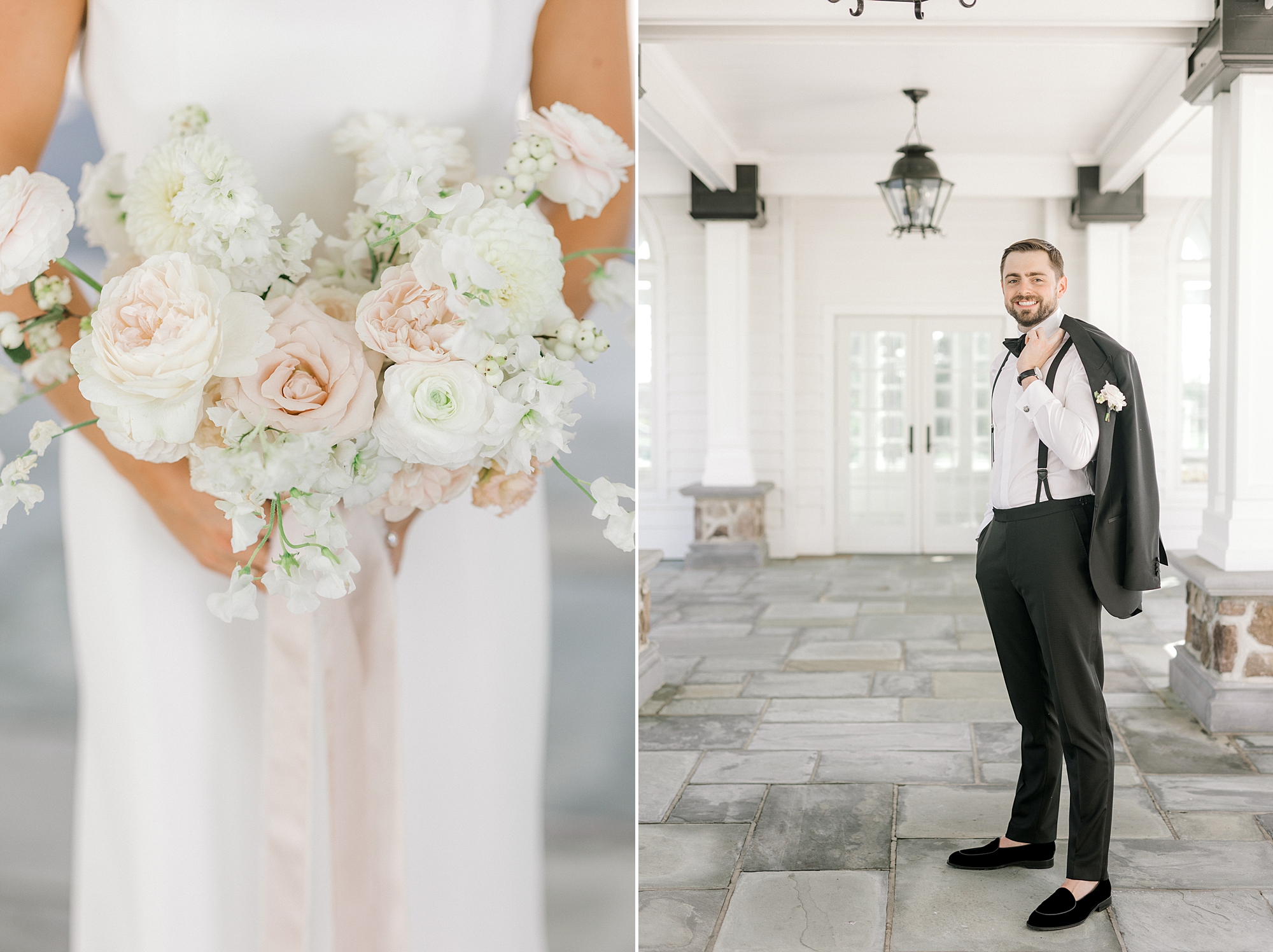 bride holds bouquet of white and pink flowers in front of wedding dress while groom stands with tux jacket over shoulder