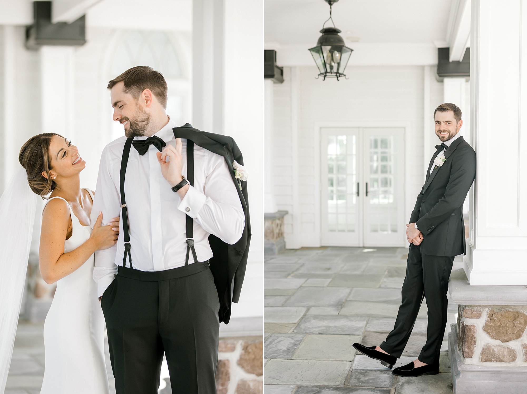 bride looks up at groom while he has jacket over shoulder