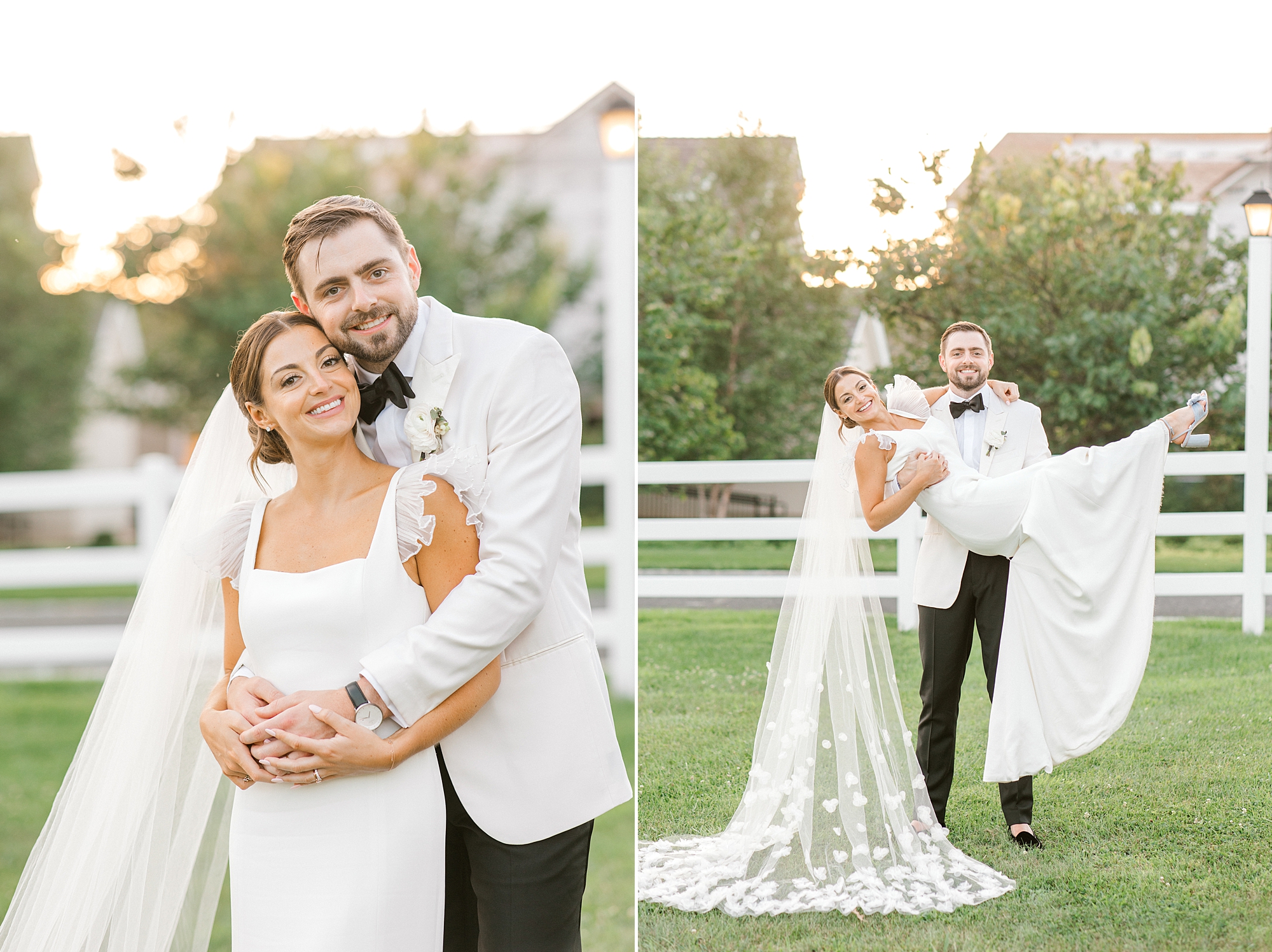 groom lifts up bride with veil draped behind her at sunset