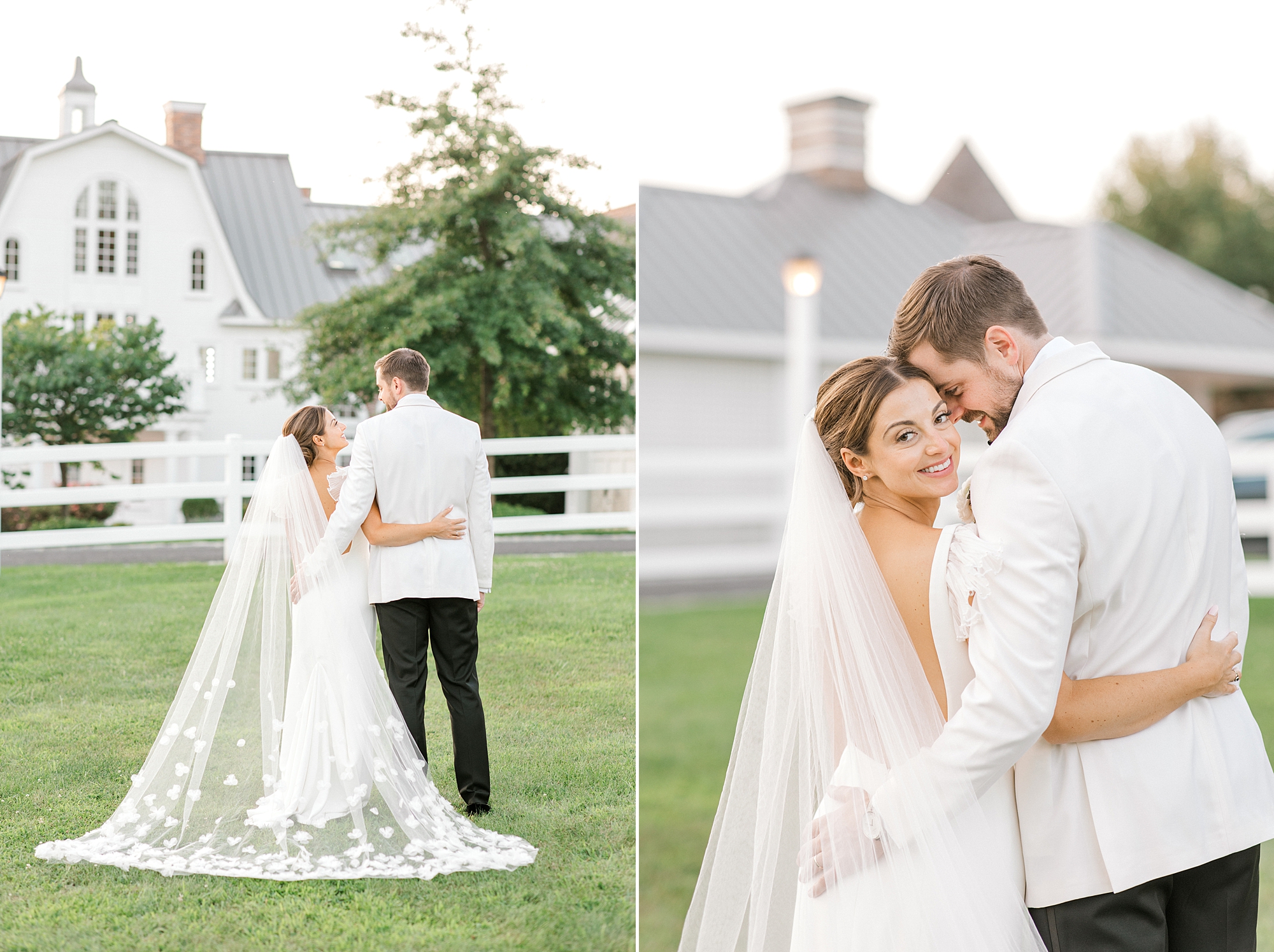 groom nuzzles bride's cheek with veil dragging behind them on lawn at Ryland Inn