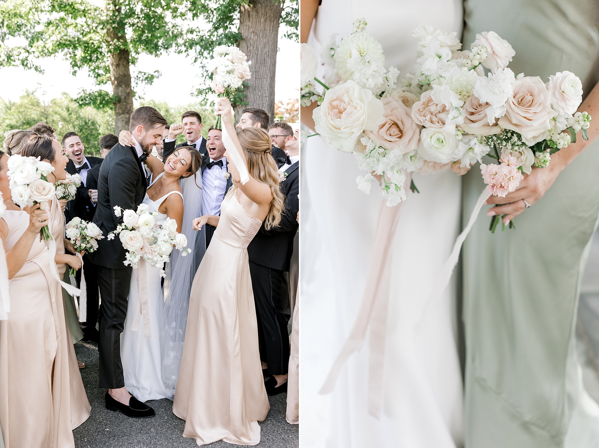 bride holds bouquet of white and pink flowers with bridesmaid in green gown