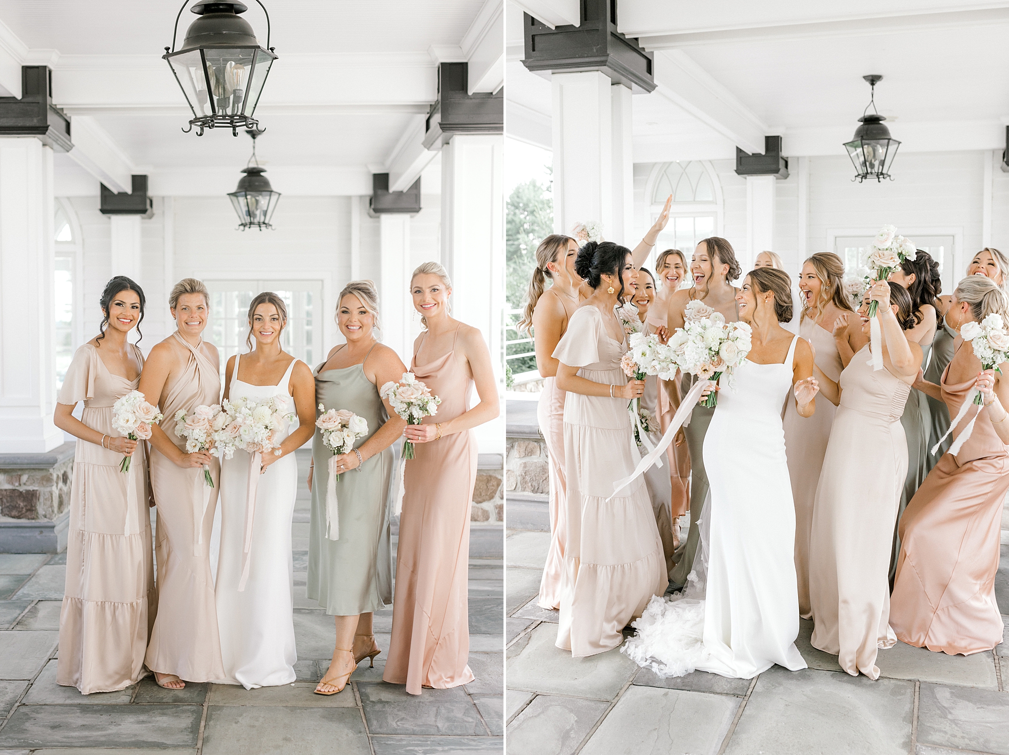 bride and bridesmaids in mismatched green and pink gowns
