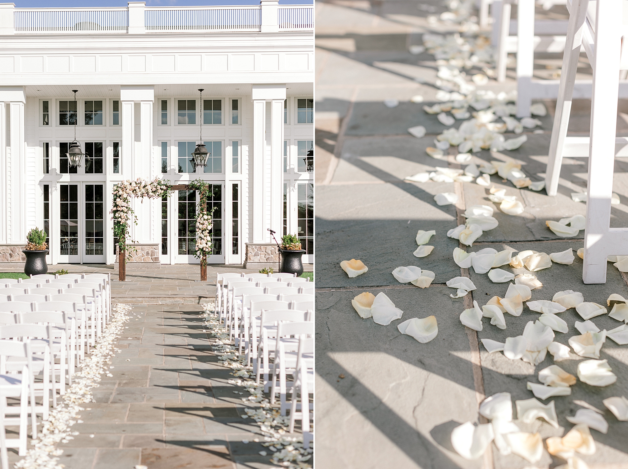 wedding ceremony on patio with white flower petals along chairs