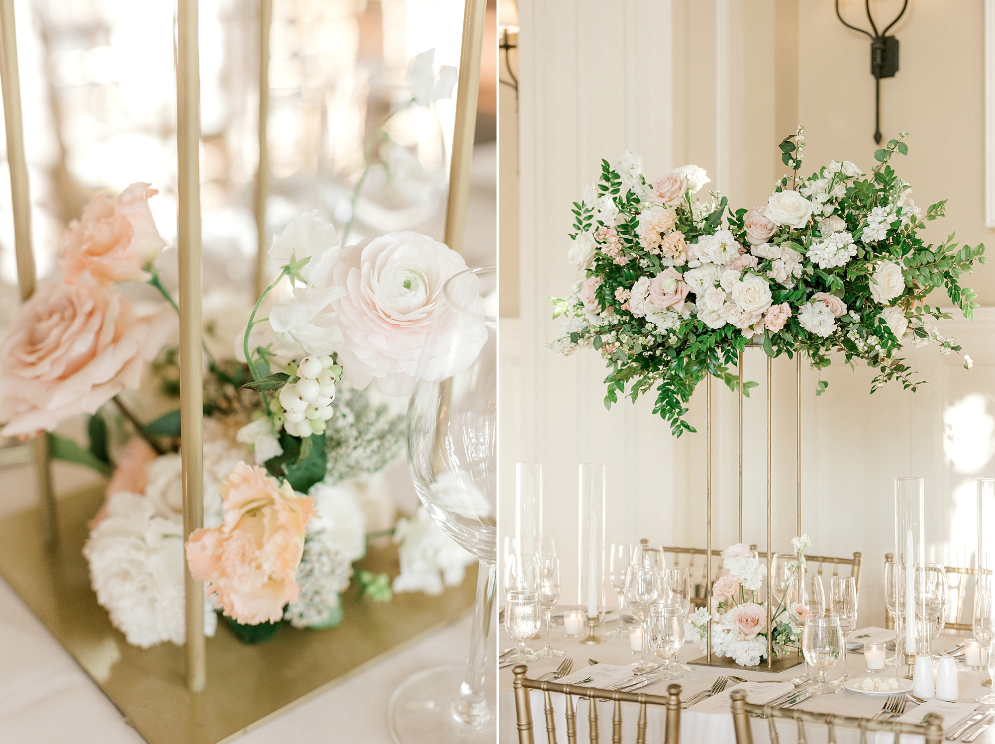 wedding reception with pink and white floral centerpieces in gold vase