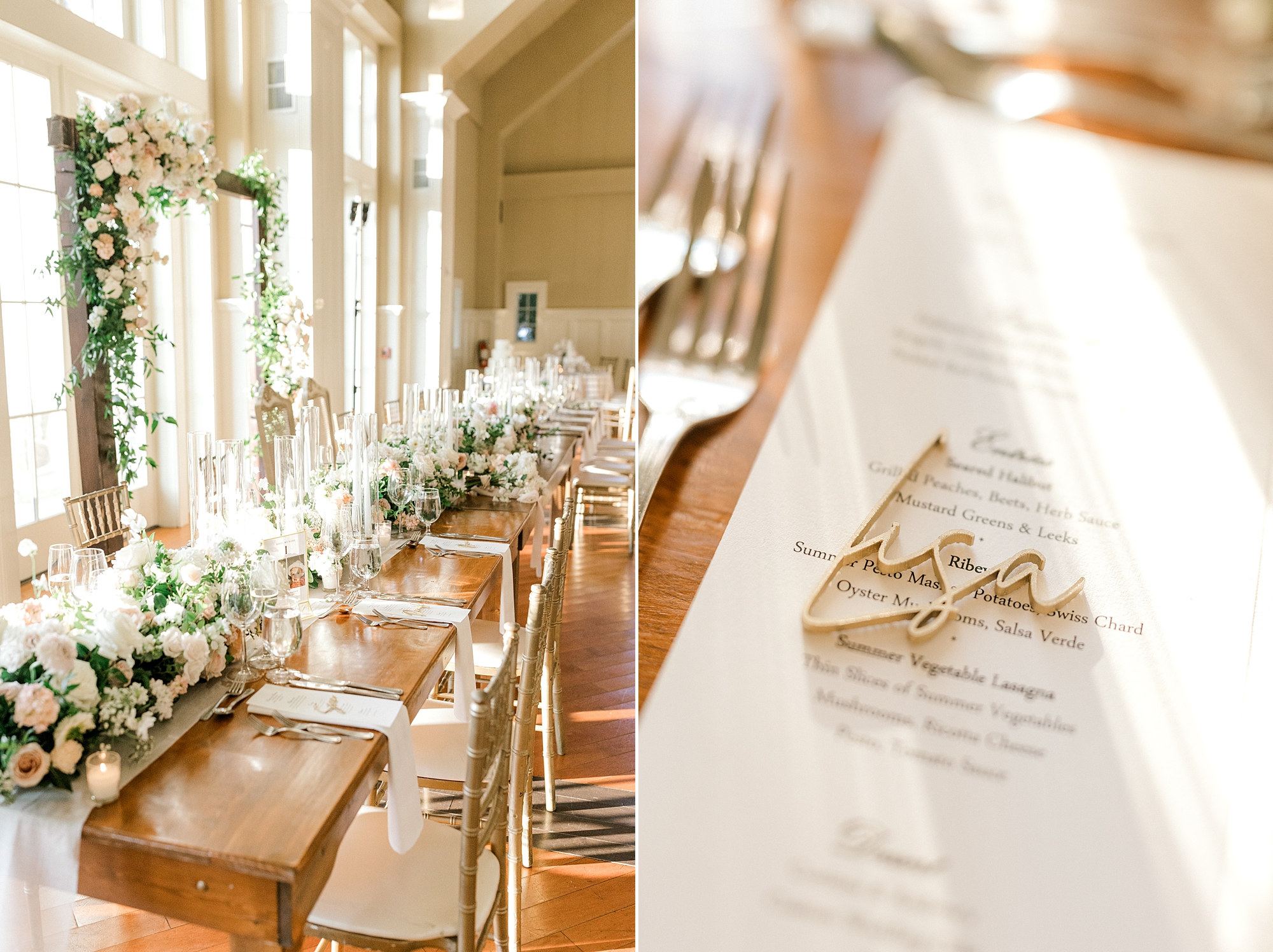 wedding reception with family style seating and gold name plates