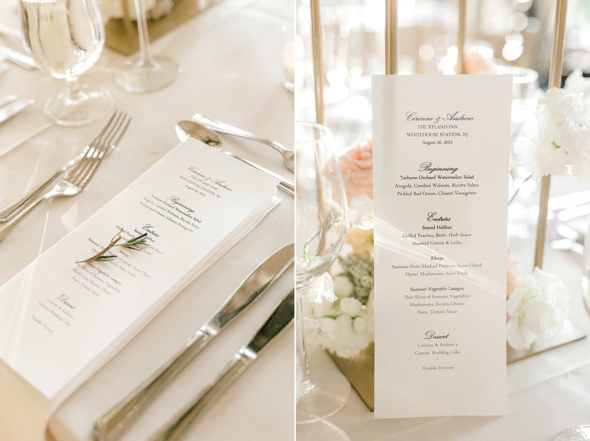 menu card with herb for place setting during luxurious summer wedding reception at Ryland Inn