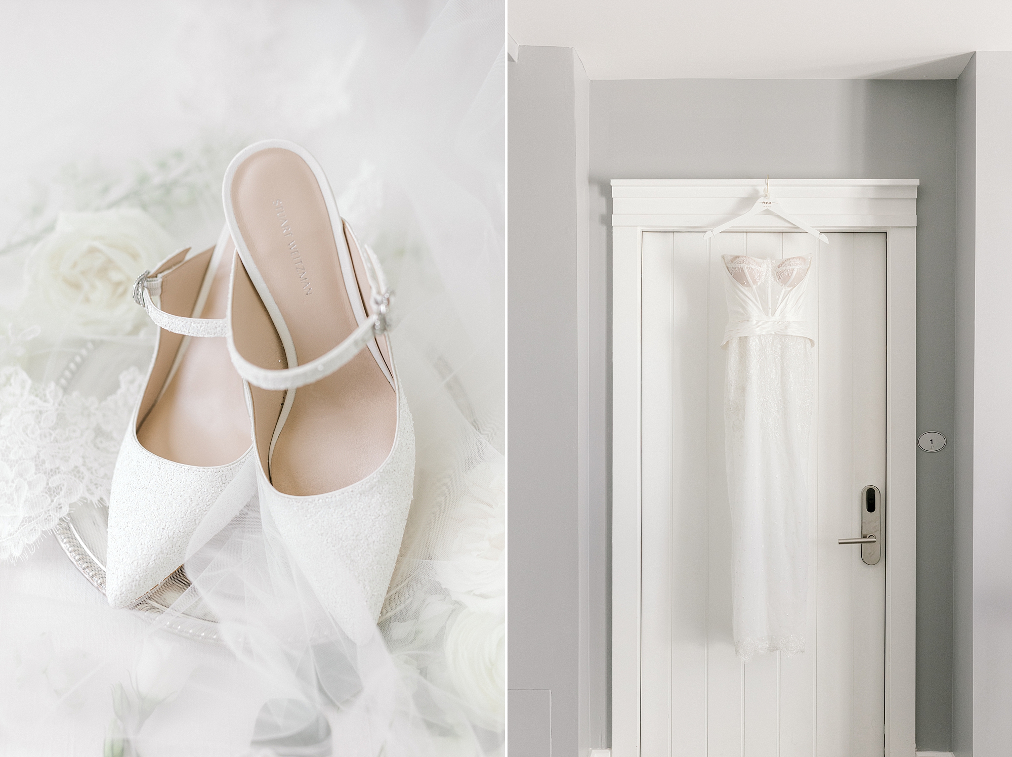 bride's white shoes next to wedding dress hanging on doorframe at Ryland Inn