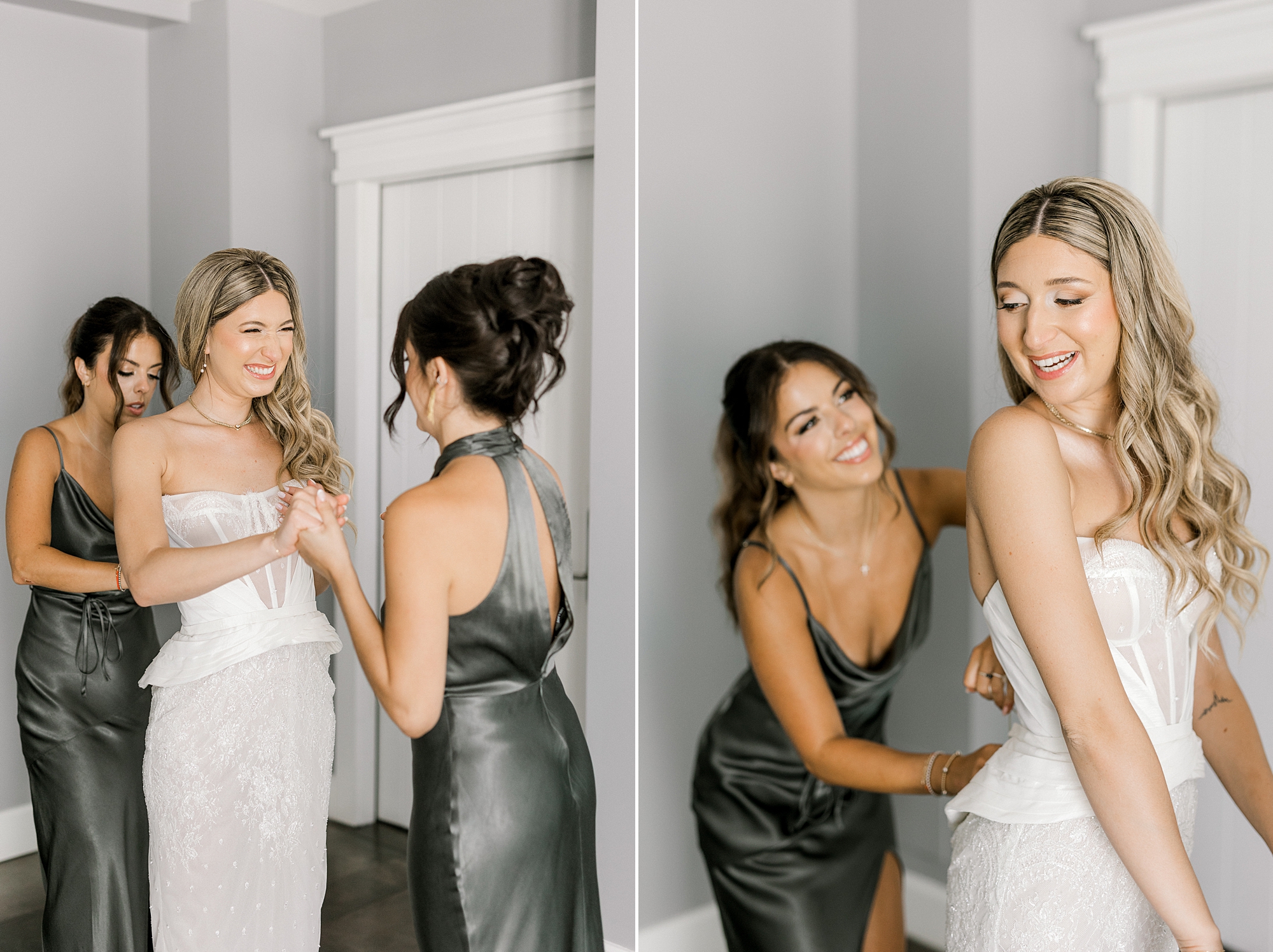 bridesmaid helps bride into wedding gown at Ryland Inn