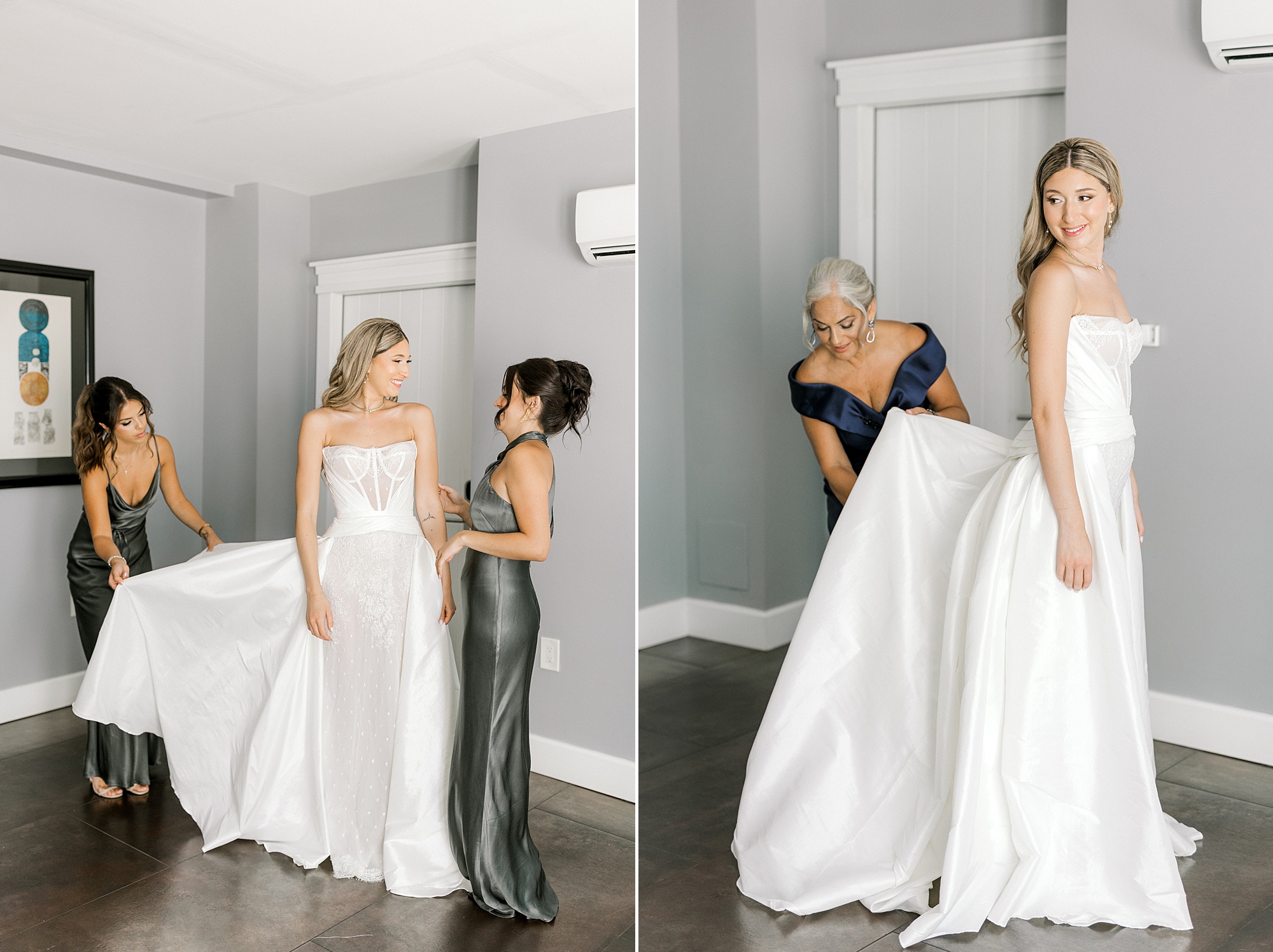 bridesmaid in green gown helps bride into stylish wedding gown in New Jersey