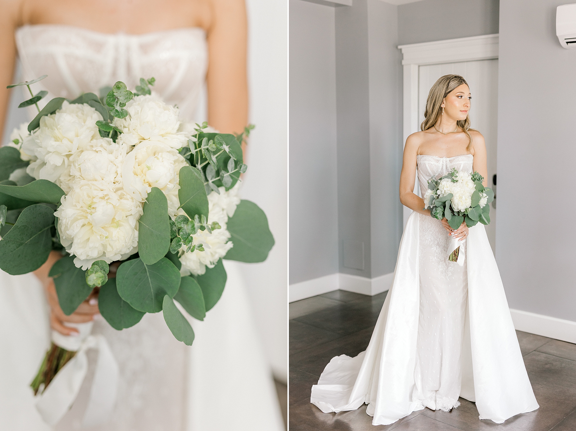 bride stands in suite at Ryland Inn holding bouquet of white and green flowers