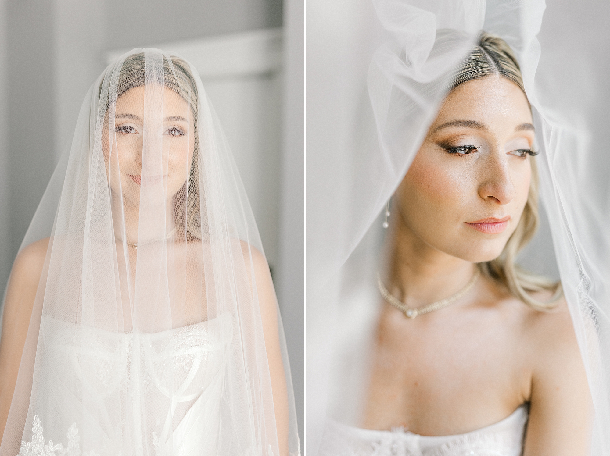 bride poses under veil inside bridal suite at Ryland Inn