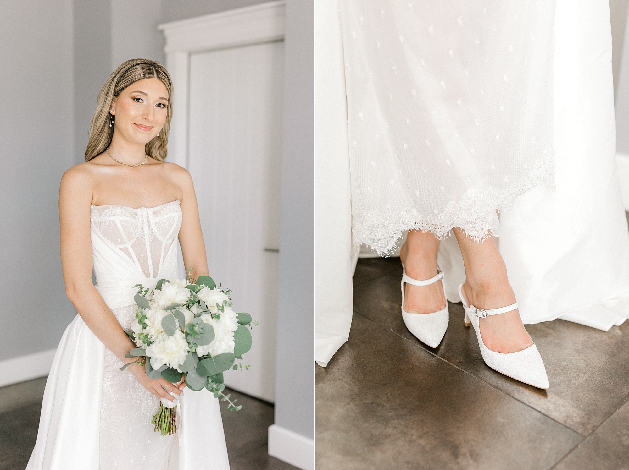 bride stands in wedding gown with corset bodice and shows off white shoes