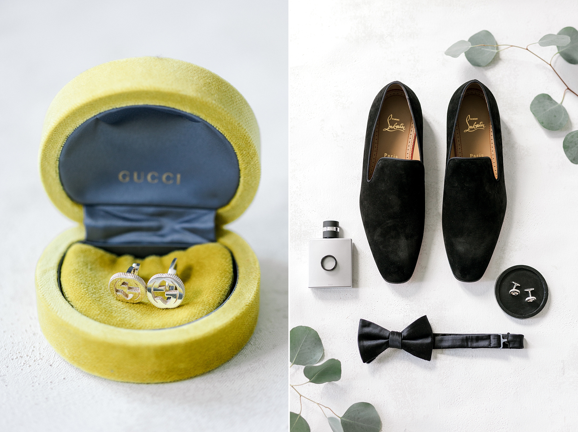 groom's black shoes and cufflinks in Guicci ring box