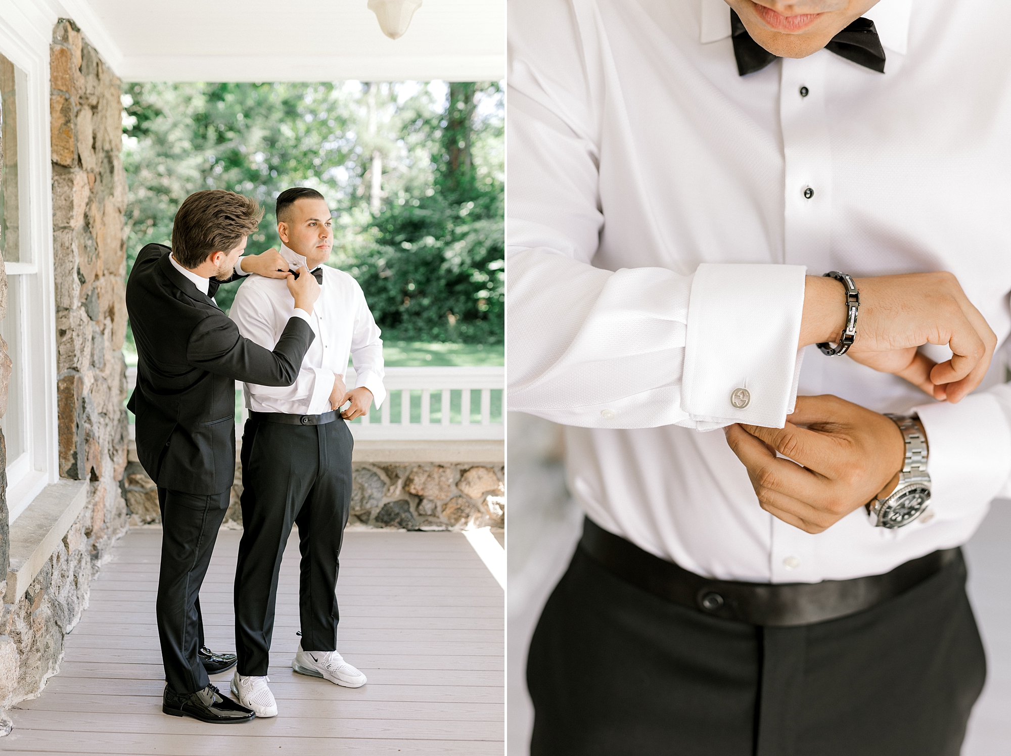 groom adjusts watch and cufflinks before NJ wedding day