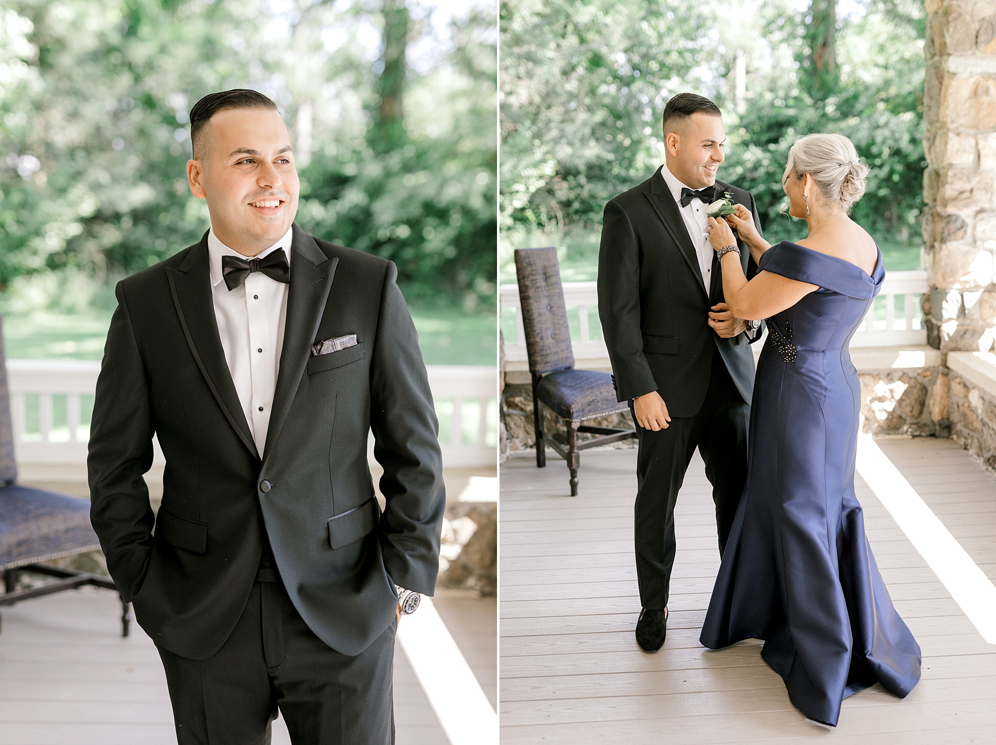 mother in blue dress helps groom with boutonnière