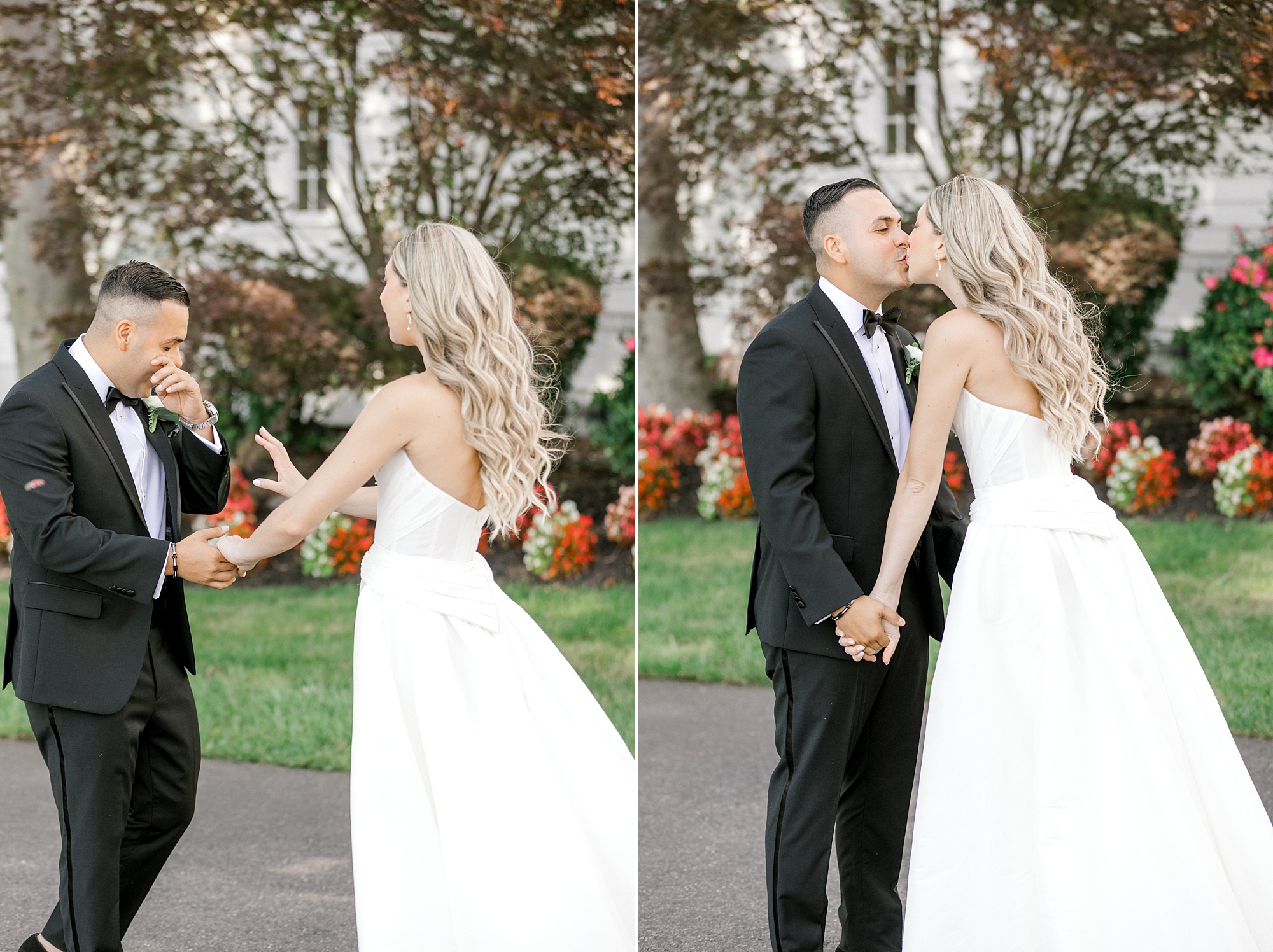 groom cries and kisses bride during first look in New Jersey
