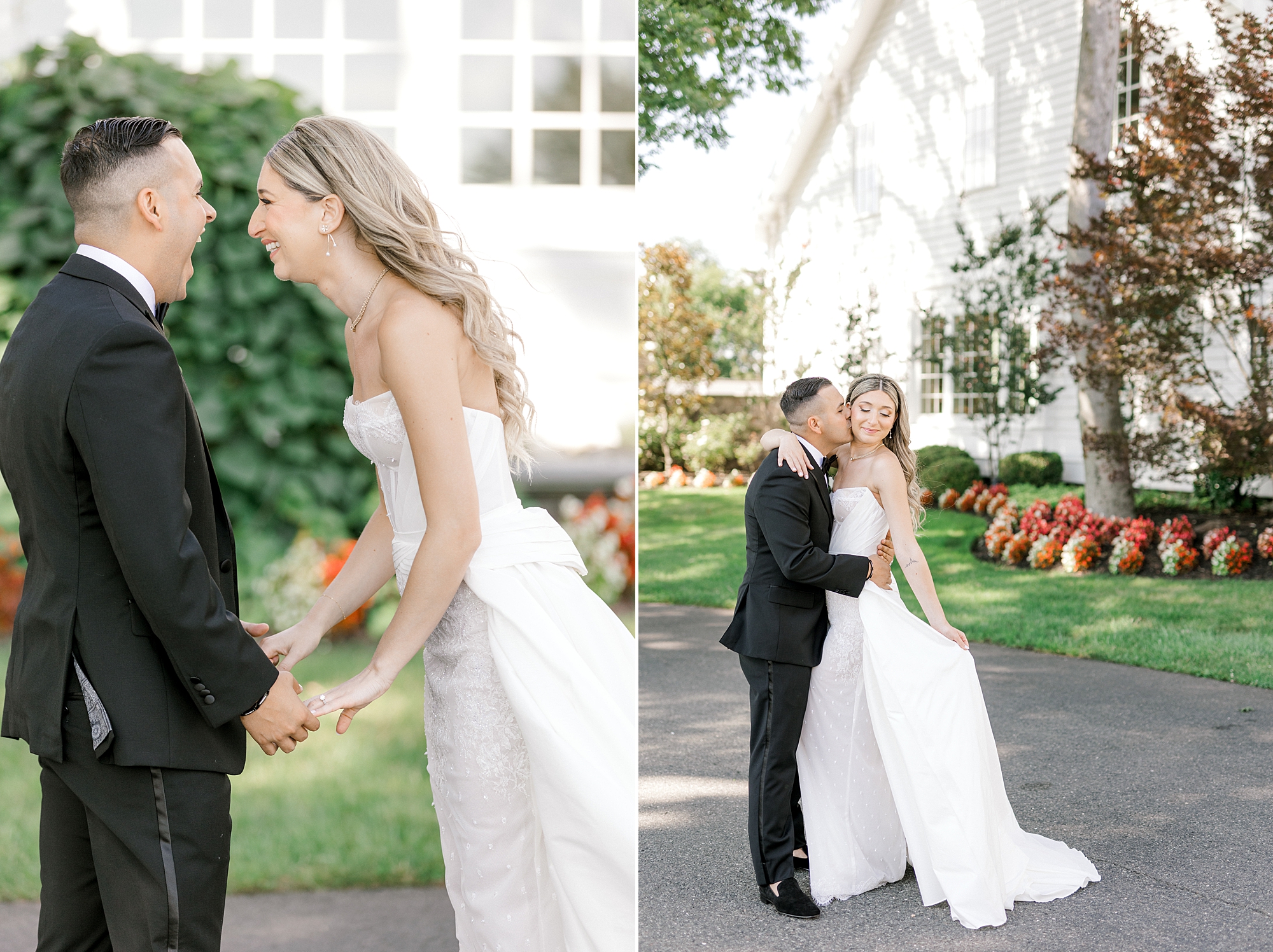 bride and groom lean for a kiss and laugh during first look in New Jersey