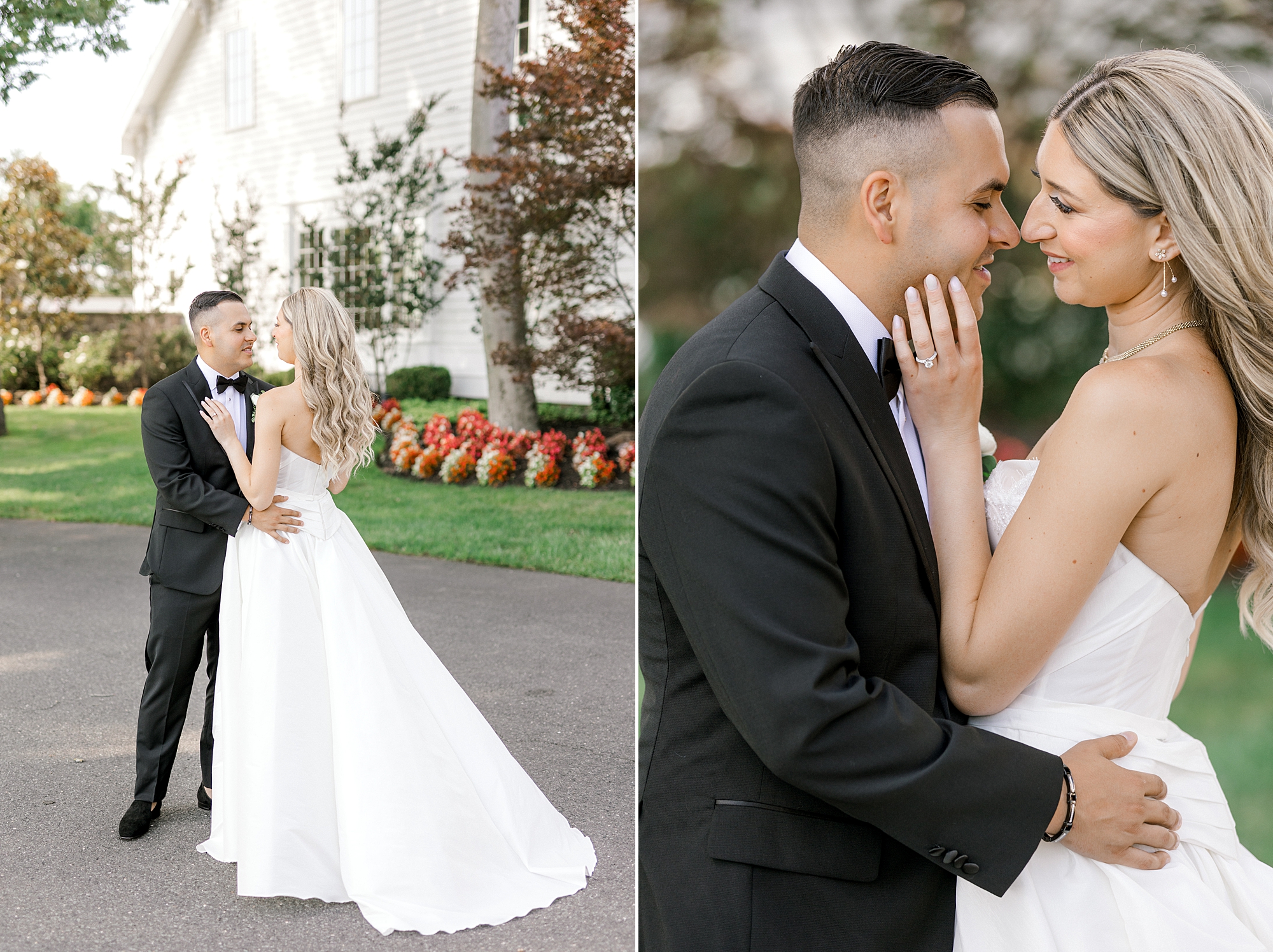 bride and groom hug holding each other's chin during NJ wedding day