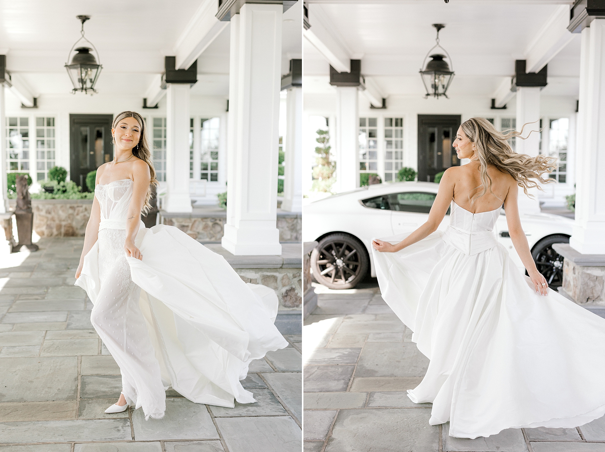 bride twirls wedding dress in front of white Aston Martin