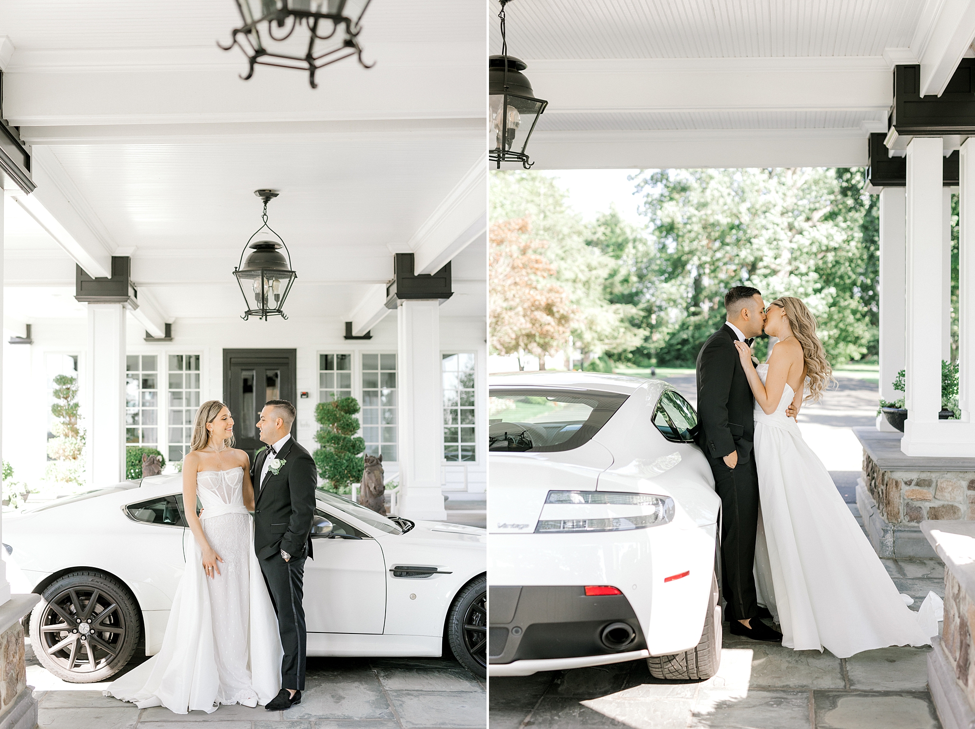 newlyweds hug and lean against white Aston Martin