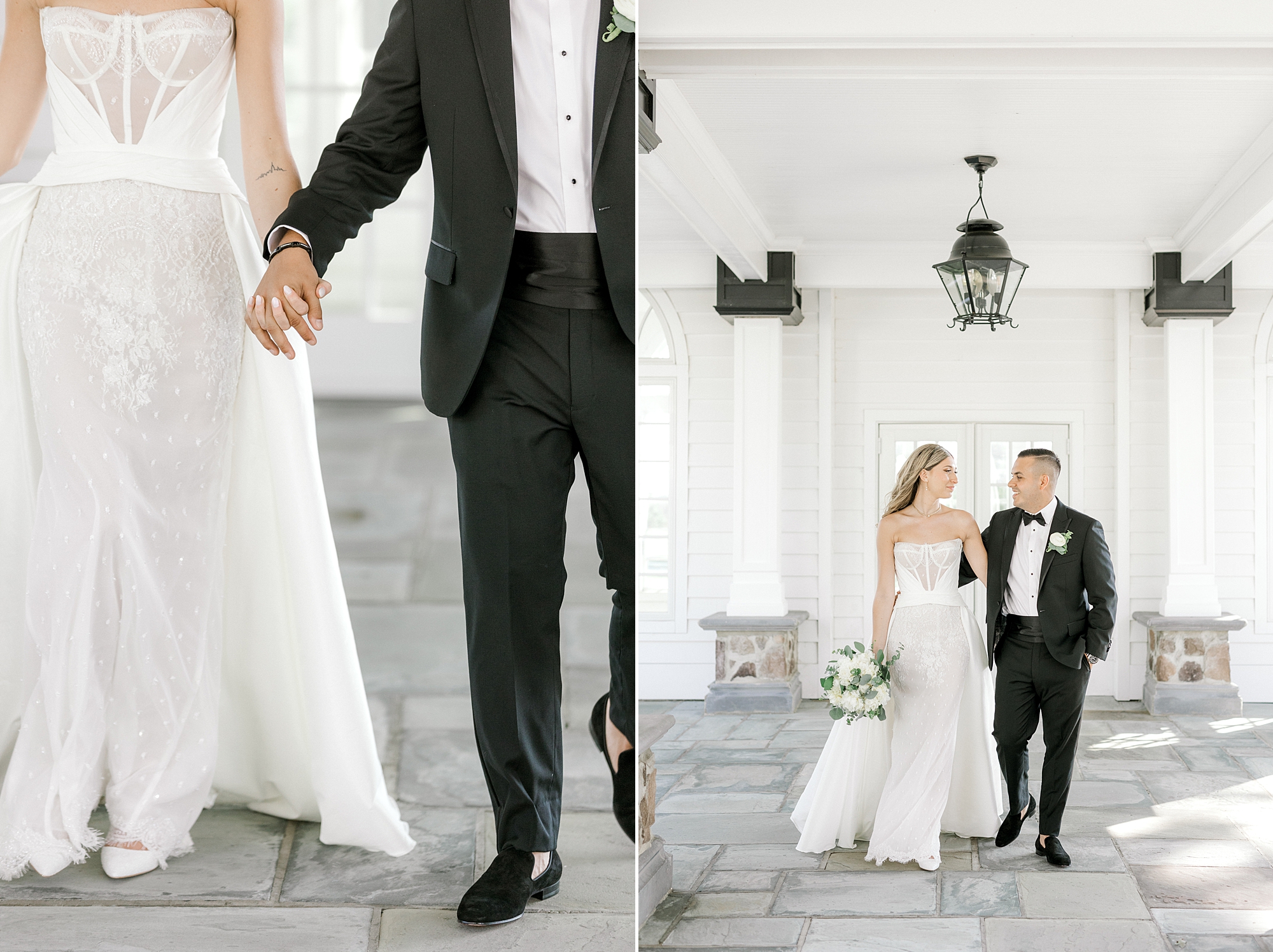 bride and groom hold hands walking in front of Ryland Inn