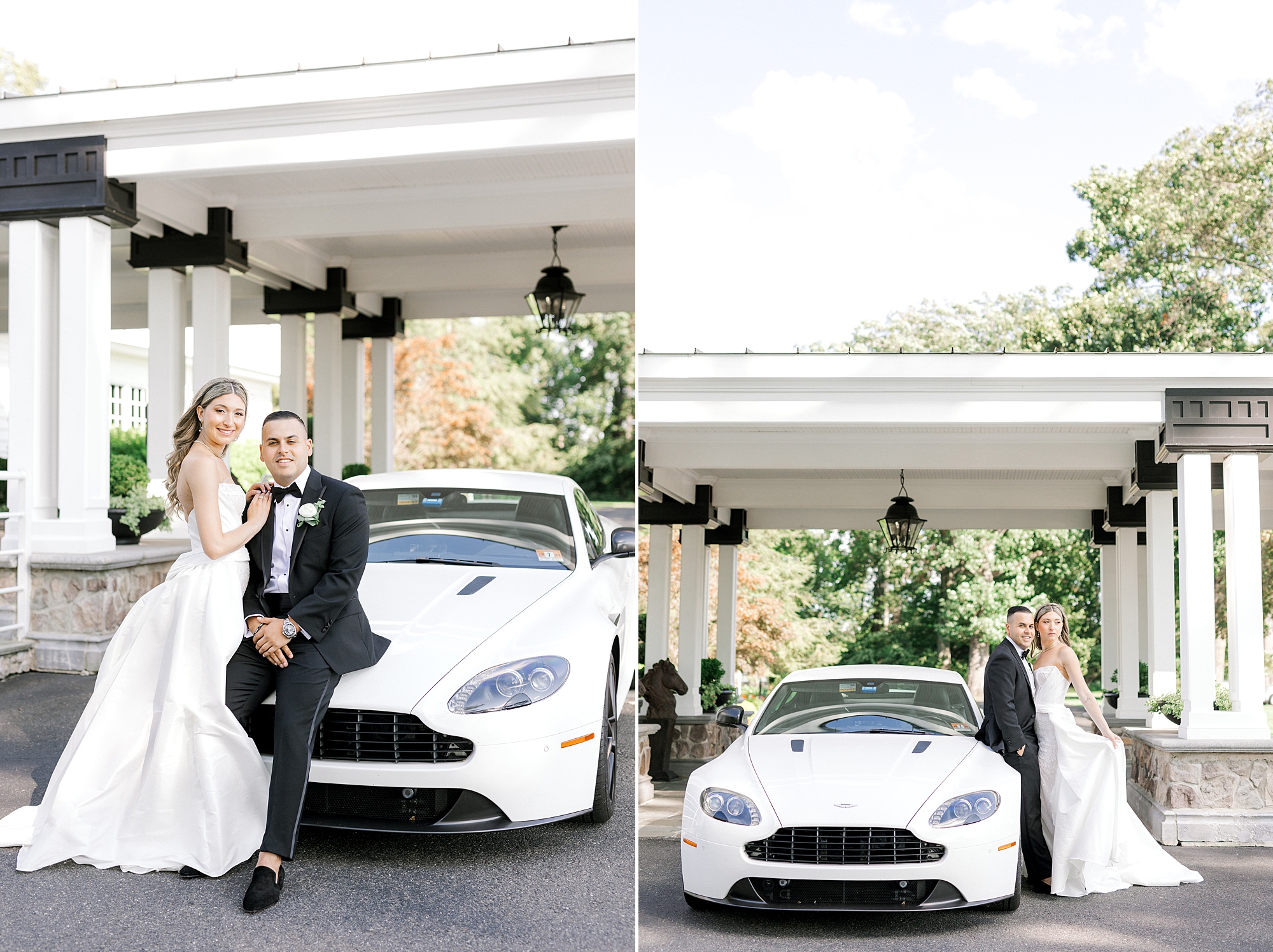 bride and groom hug and lean against white Aston Martin outside Ryland Inn