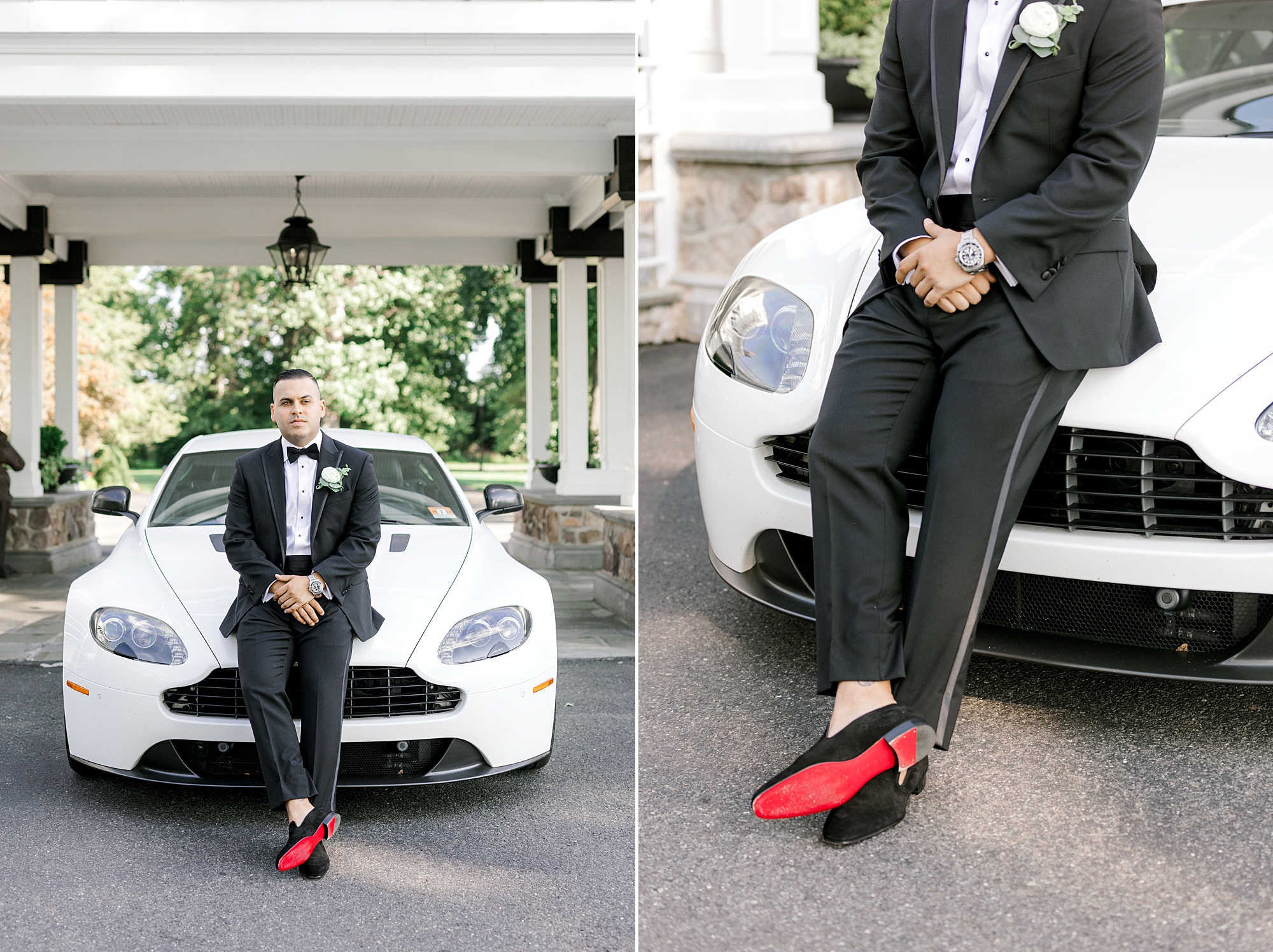 groom leans on Aston Martin showing off red soles of shoes