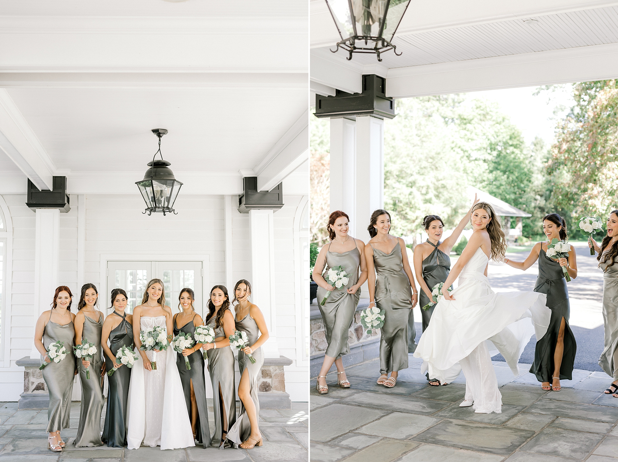 groom twirls in wedding gown and poses with bridesmaids in sage green gowns
