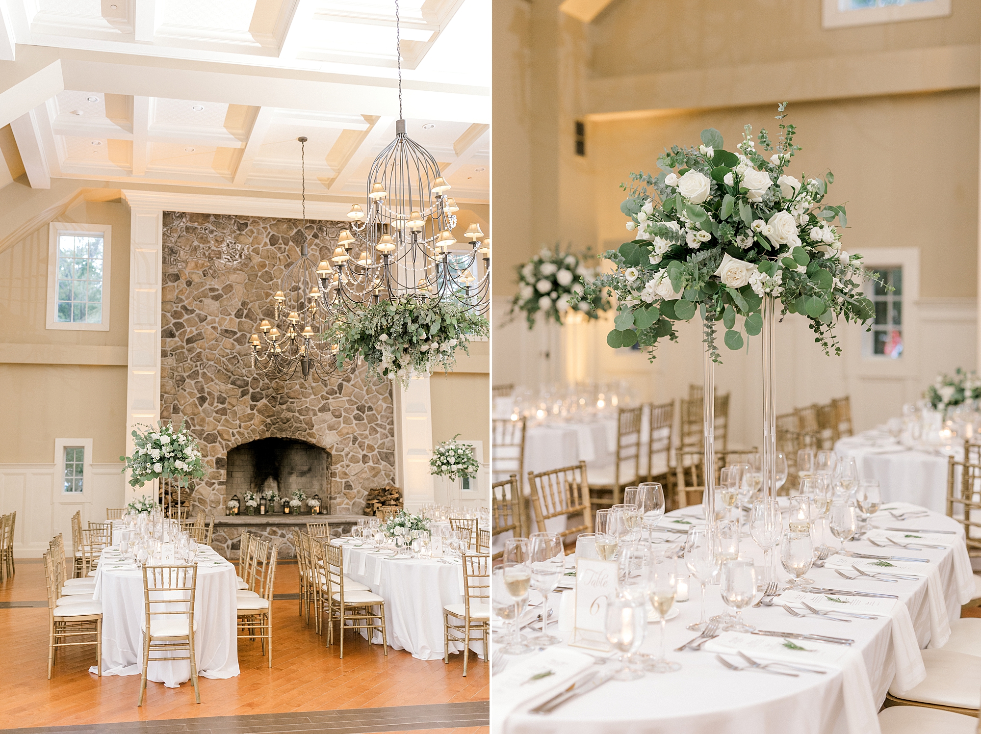 wedding reception at Ryland Inn with tall white floral centpeireces